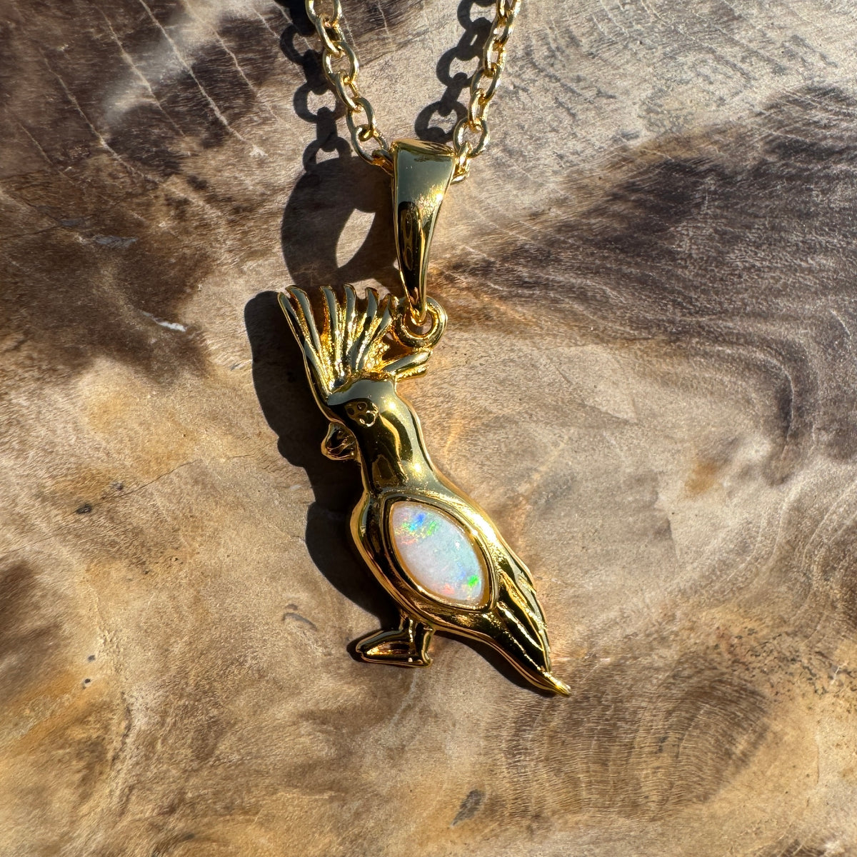 0.3ct Coober Pedy Opal Cockatoo Pendant Necklace ~ 'Kings Park Glow' | Yellow Gold Coated 925 Sterling Silver | Solid Australian Opal