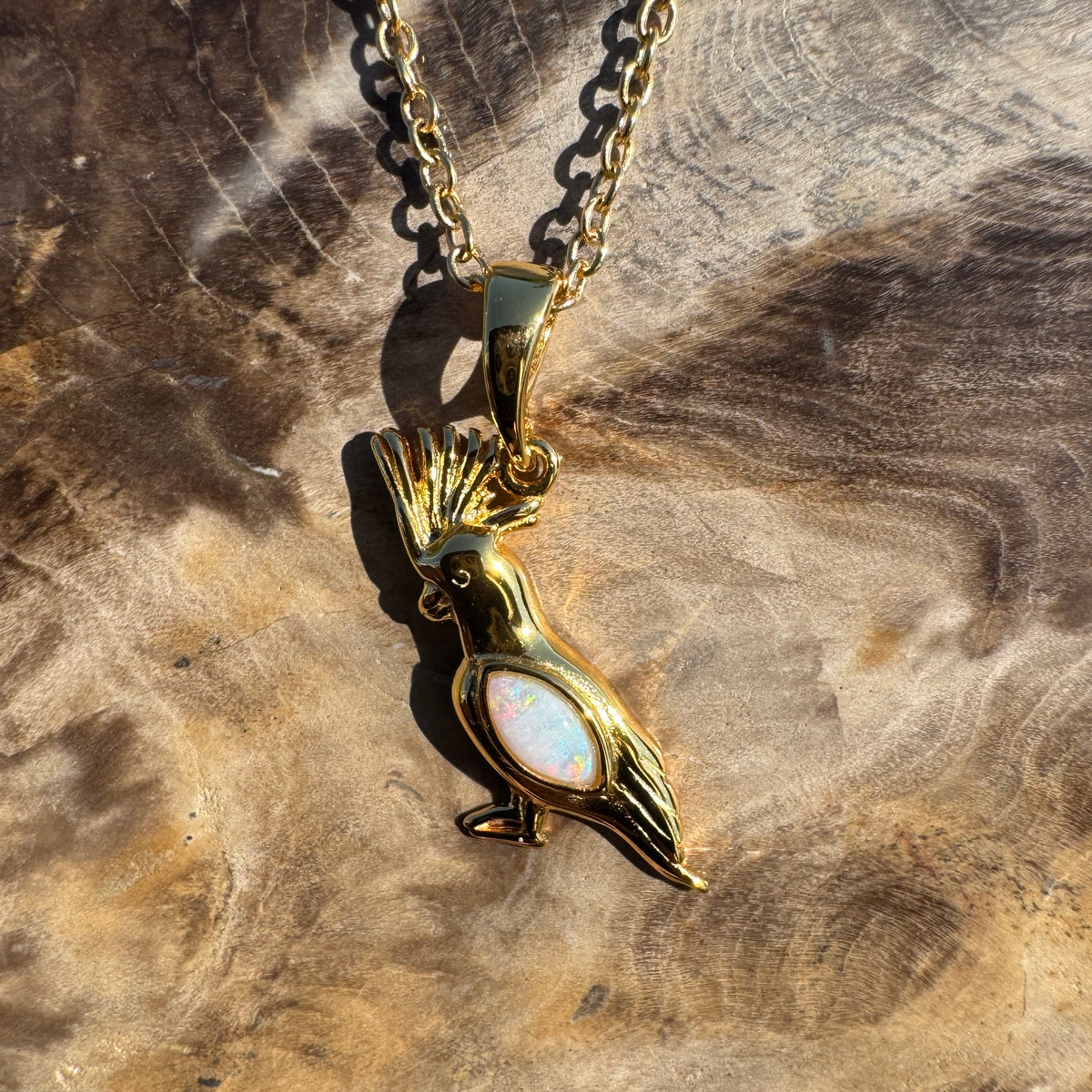 0.3ct Coober Pedy Opal Cockatoo Pendant Necklace ~ 'Kings Park Glow' | Yellow Gold Coated 925 Sterling Silver | Solid Australian Opal