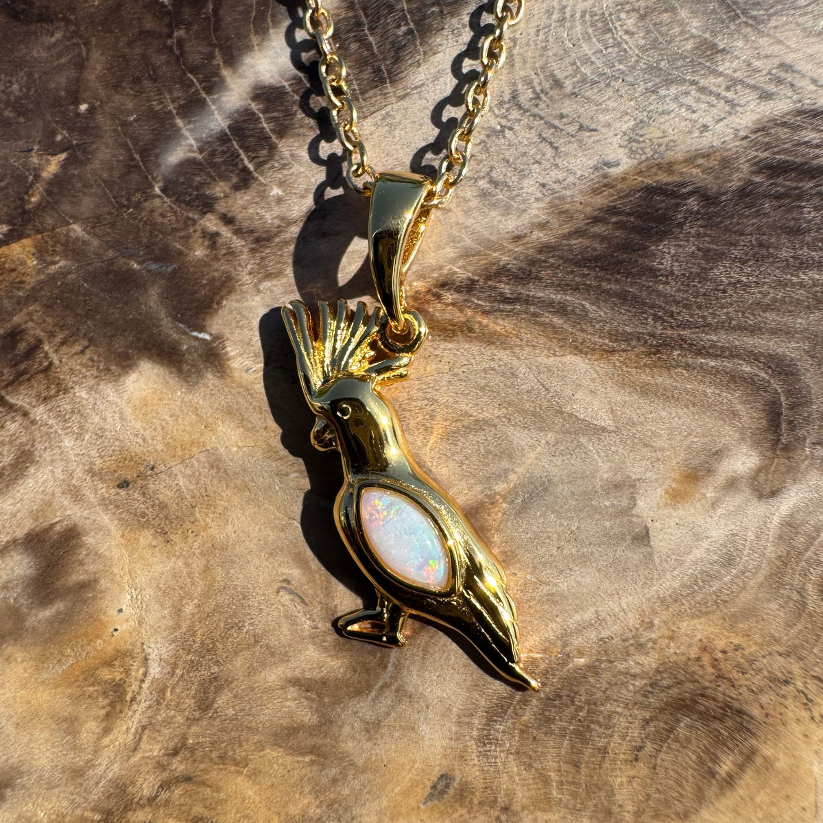 0.3ct Coober Pedy Opal Cockatoo Pendant Necklace ~ 'Kings Park Glow' | Yellow Gold Coated 925 Sterling Silver | Solid Australian Opal