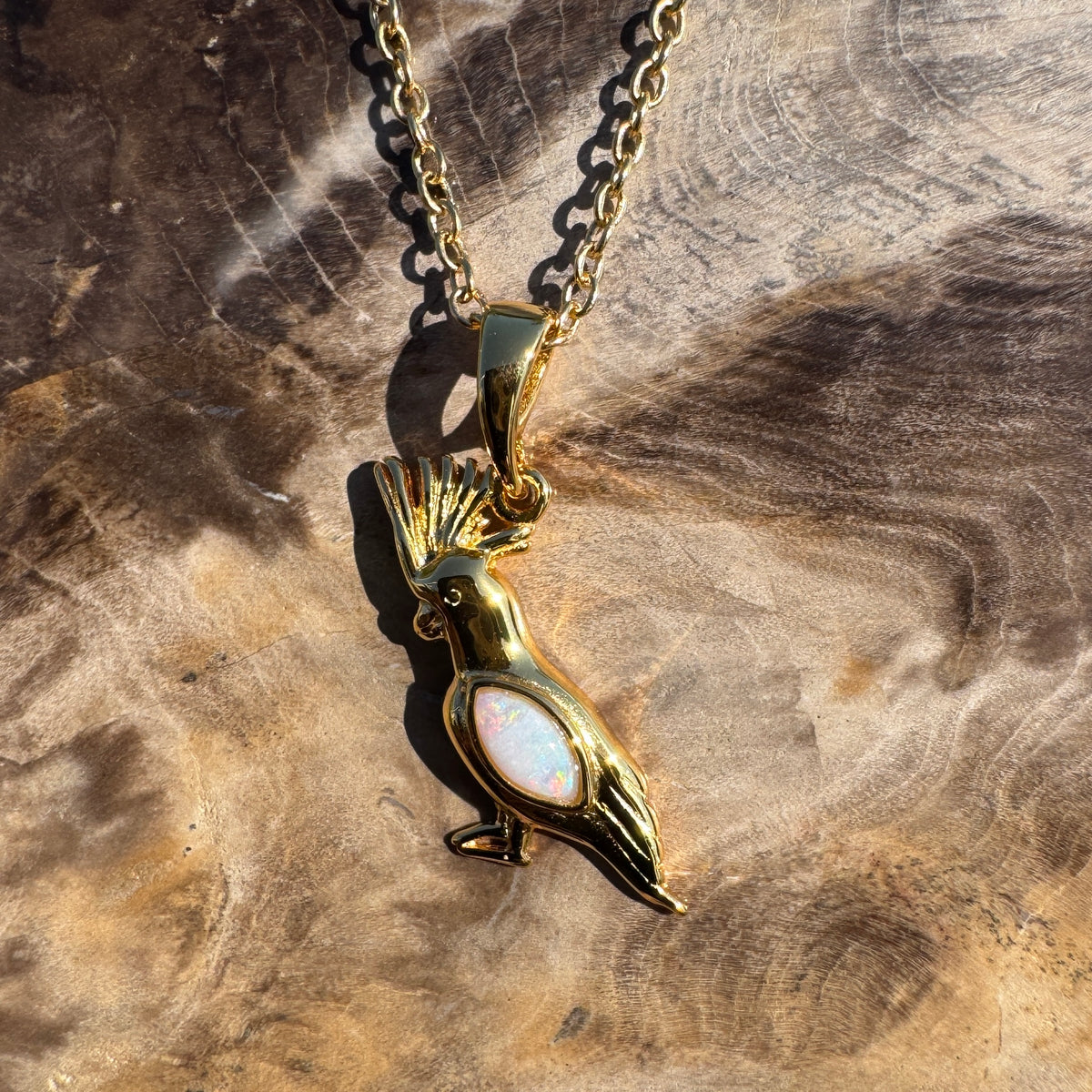 0.3ct Coober Pedy Opal Cockatoo Pendant Necklace ~ 'Kings Park Glow' | Yellow Gold Coated 925 Sterling Silver | Solid Australian Opal
