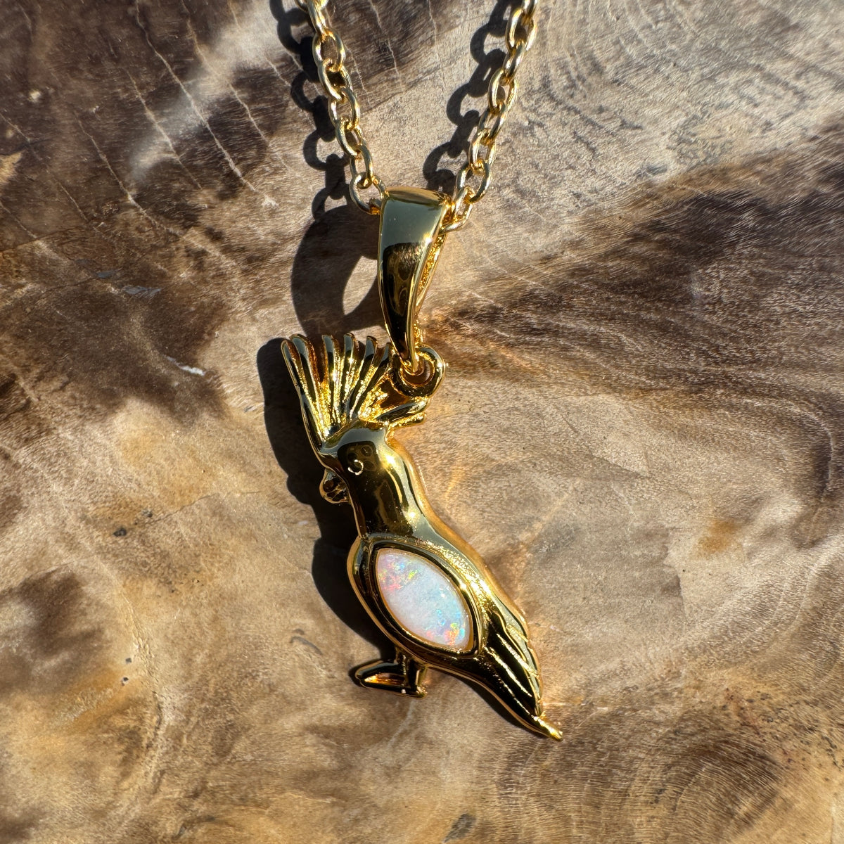 0.3ct Coober Pedy Opal Cockatoo Pendant Necklace ~ 'Kings Park Glow' | Yellow Gold Coated 925 Sterling Silver | Solid Australian Opal