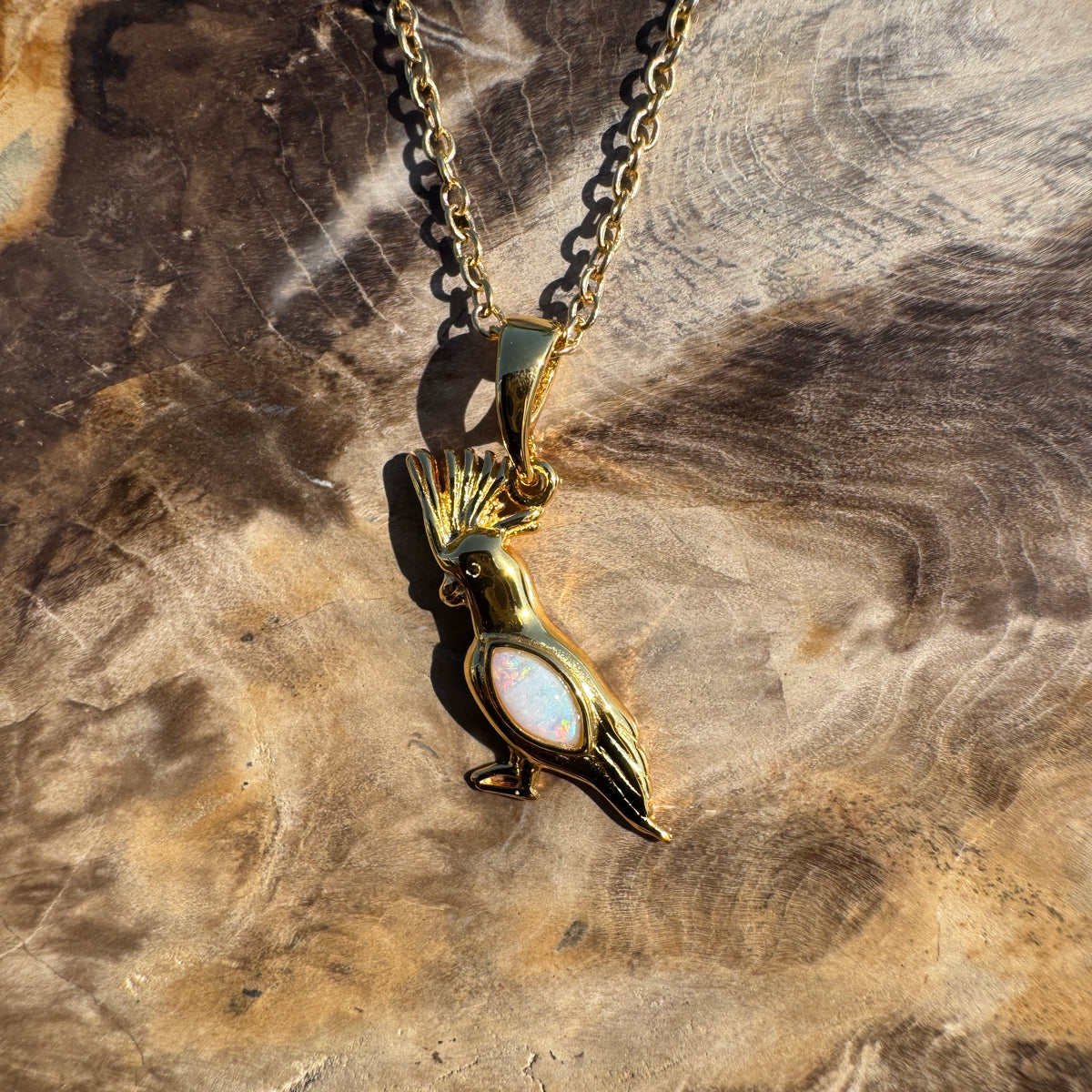 0.3ct Coober Pedy Opal Cockatoo Pendant Necklace ~ 'Kings Park Glow' | Yellow Gold Coated 925 Sterling Silver | Solid Australian Opal
