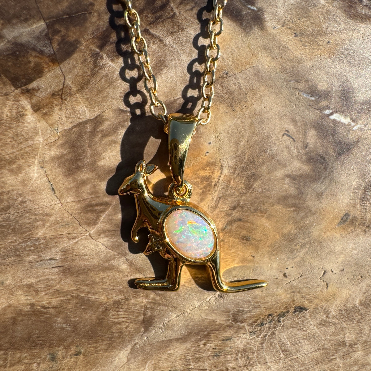 0.3ct Coober Pedy Opal Kangaroo Pendant Necklace ~ 'Cape Hillsborough Hop' | Yellow Gold Coated 925 Sterling Silver | Solid Australian Opal