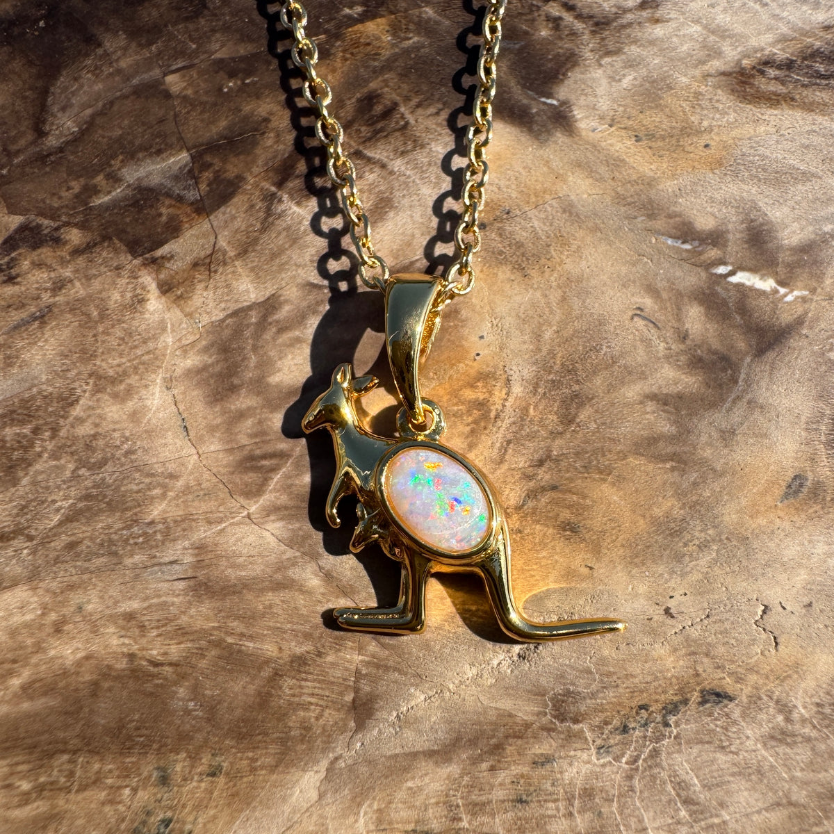 0.3ct Coober Pedy Opal Kangaroo Pendant Necklace ~ 'Cape Hillsborough Hop' | Yellow Gold Coated 925 Sterling Silver | Solid Australian Opal