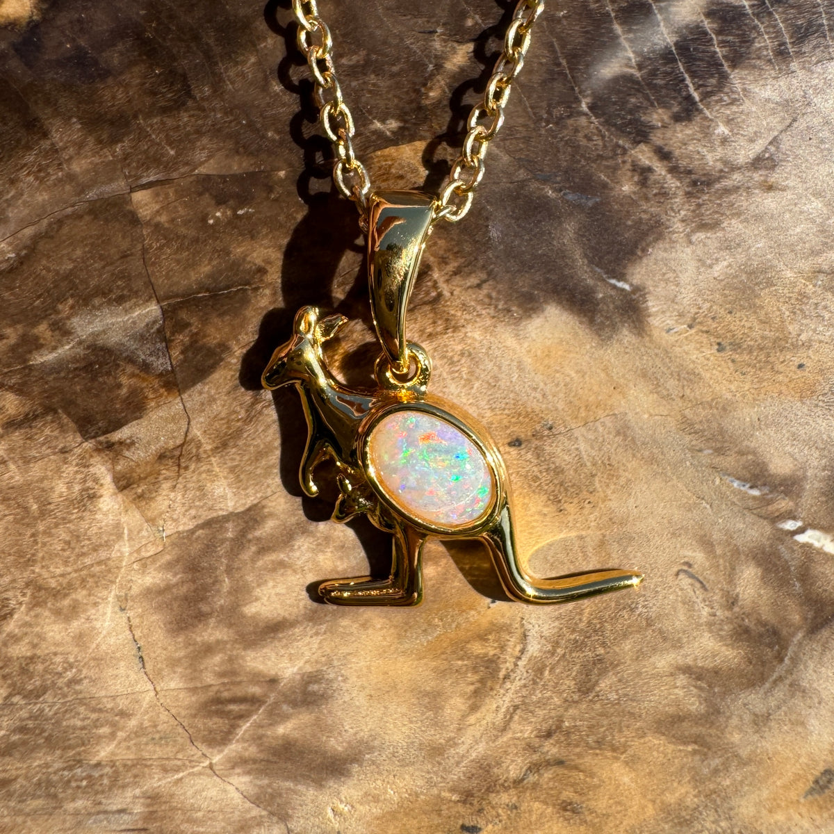 0.3ct Coober Pedy Opal Kangaroo Pendant Necklace ~ 'Cape Hillsborough Hop' | Yellow Gold Coated 925 Sterling Silver | Solid Australian Opal