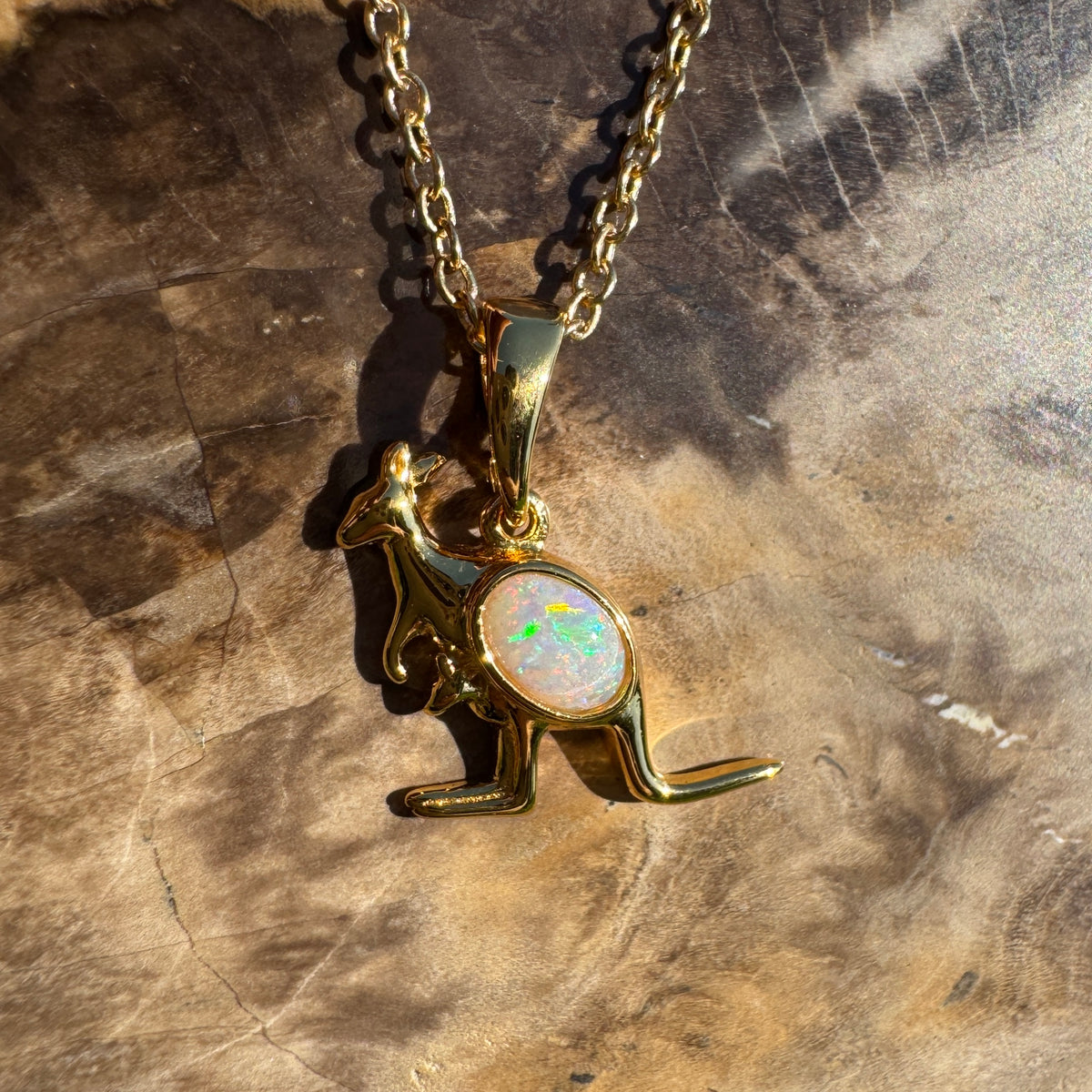 0.3ct Coober Pedy Opal Kangaroo Pendant Necklace ~ 'Cape Hillsborough Hop' | Yellow Gold Coated 925 Sterling Silver | Solid Australian Opal