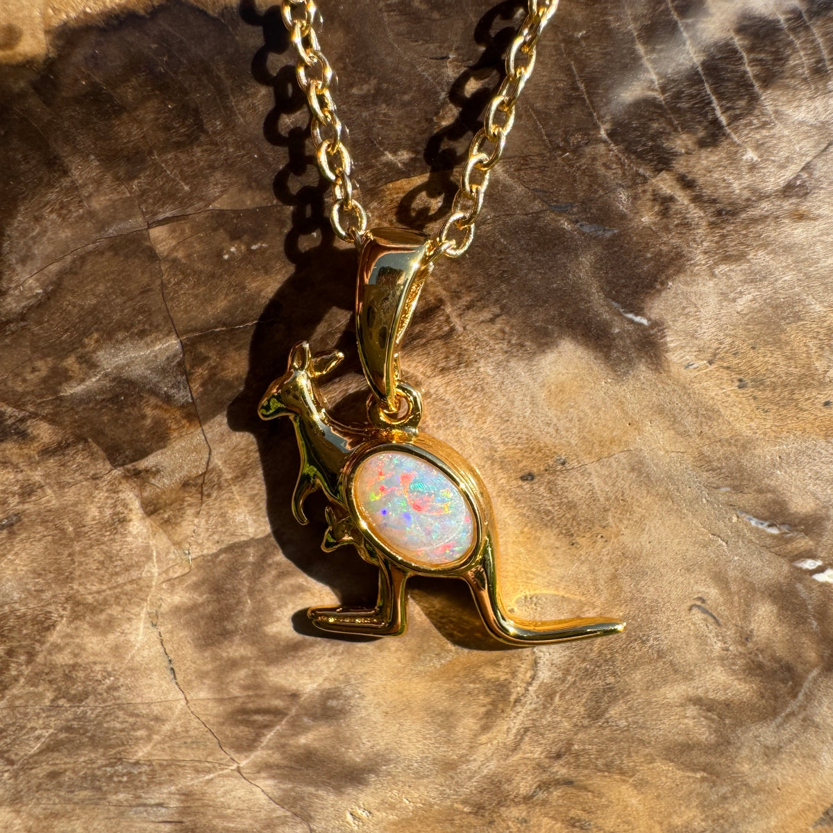 0.3ct Coober Pedy Opal Kangaroo Pendant Necklace ~ 'Cape Hillsborough Hop' | Yellow Gold Coated 925 Sterling Silver | Solid Australian Opal