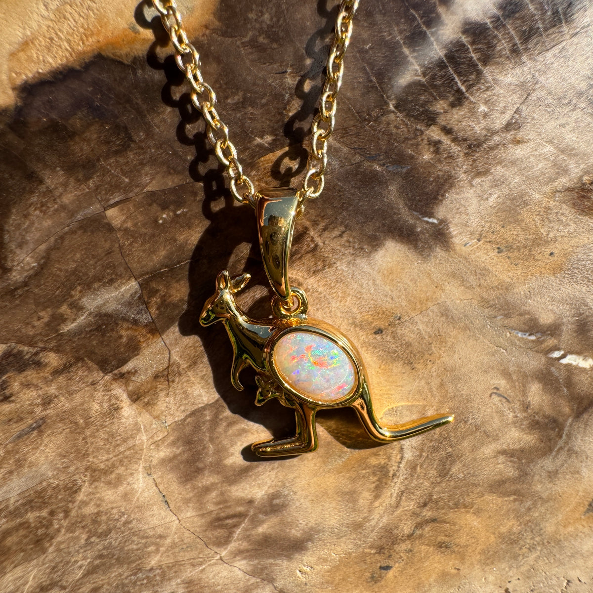 0.3ct Coober Pedy Opal Kangaroo Pendant Necklace ~ 'Cape Hillsborough Hop' | Yellow Gold Coated 925 Sterling Silver | Solid Australian Opal