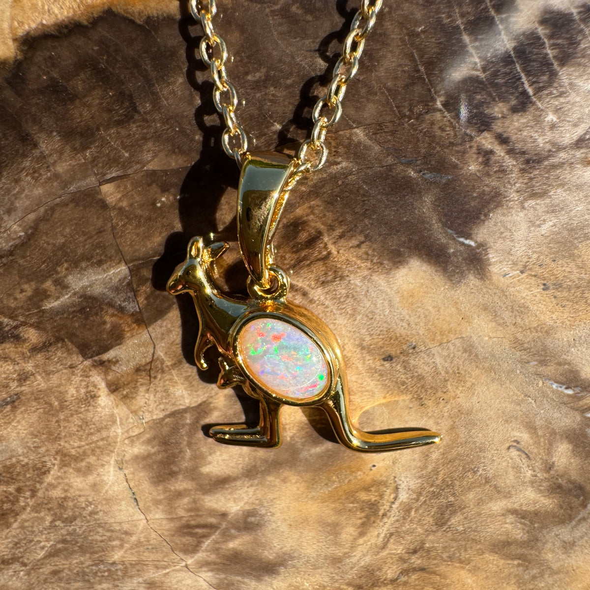 0.3ct Coober Pedy Opal Kangaroo Pendant Necklace ~ 'Cape Hillsborough Hop' | Yellow Gold Coated 925 Sterling Silver | Solid Australian Opal