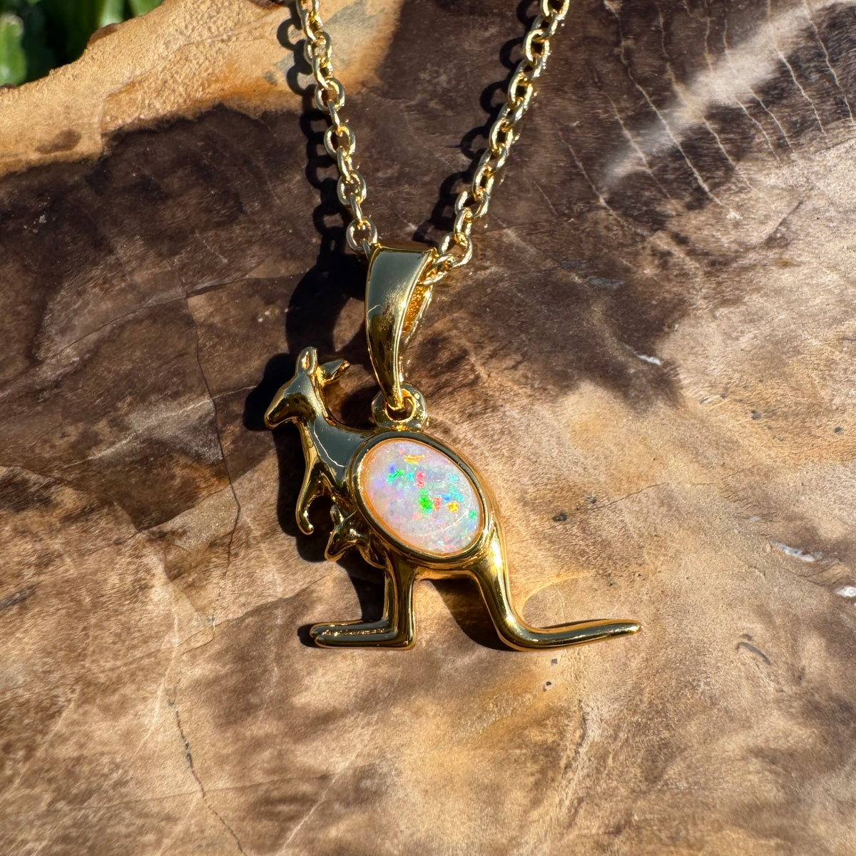 0.3ct Coober Pedy Opal Kangaroo Pendant Necklace ~ 'Cape Hillsborough Hop' | Yellow Gold Coated 925 Sterling Silver | Solid Australian Opal