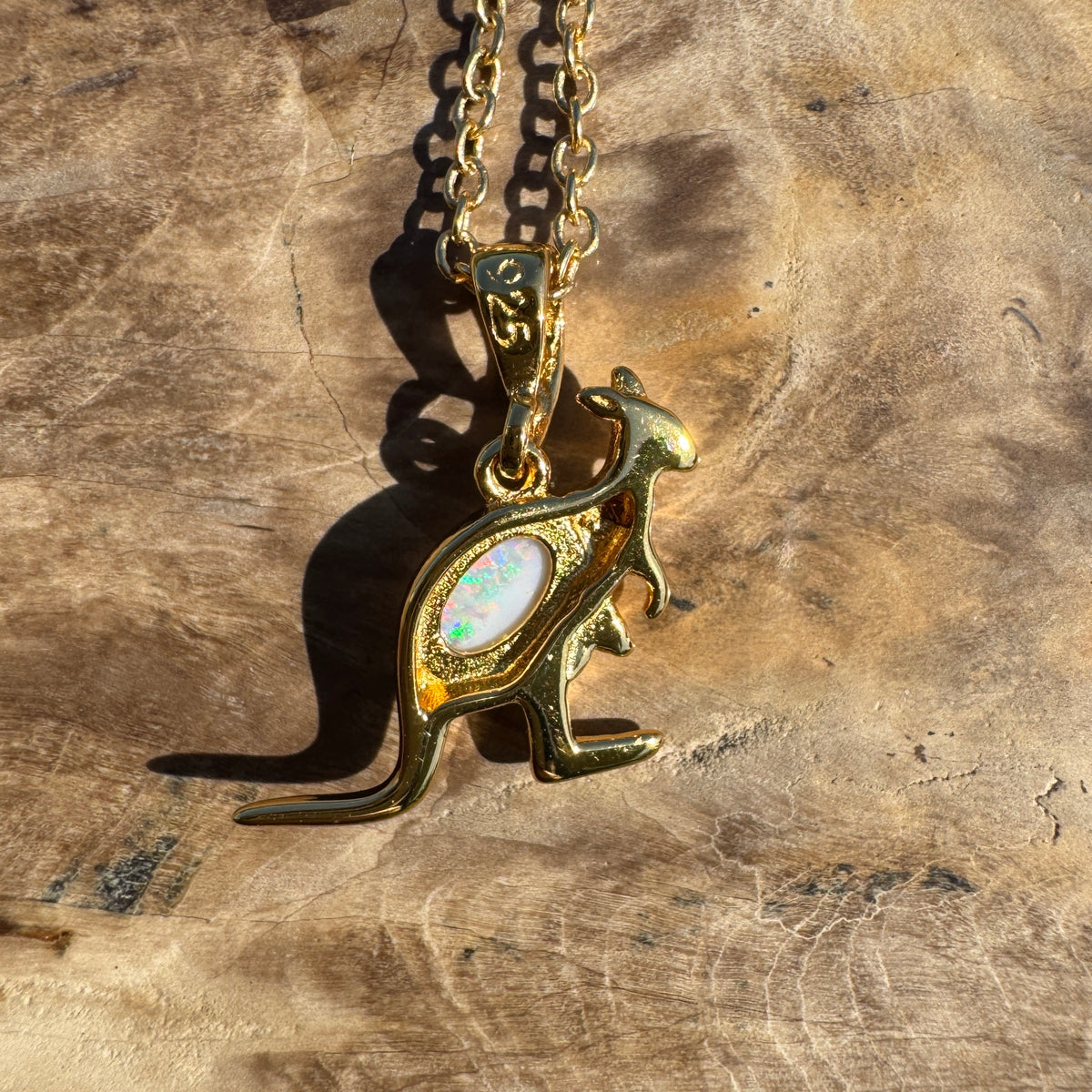 0.3ct Coober Pedy Opal Kangaroo Pendant Necklace ~ 'Cape Hillsborough Hop' | Yellow Gold Coated 925 Sterling Silver | Solid Australian Opal