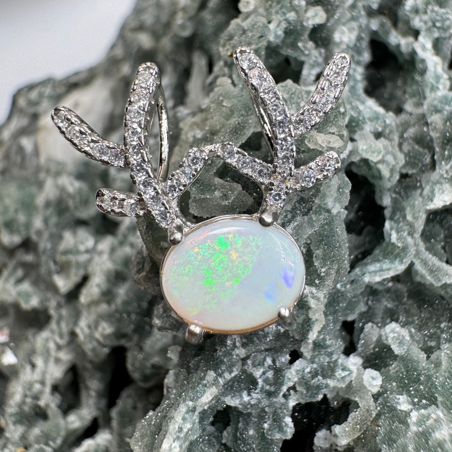 'Rainbow Reindeer' ~ Handcrafted 1ct Solid Coober Pedy Opal and Cubic Zirconia Sterling Silver Reindeer Pendant Necklace