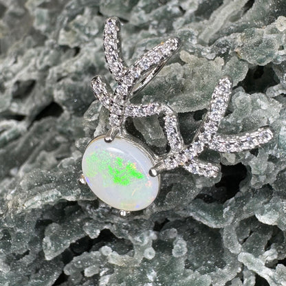 'Rainbow Reindeer' ~ Handcrafted 1ct Solid Coober Pedy Opal and Cubic Zirconia Sterling Silver Reindeer Pendant Necklace