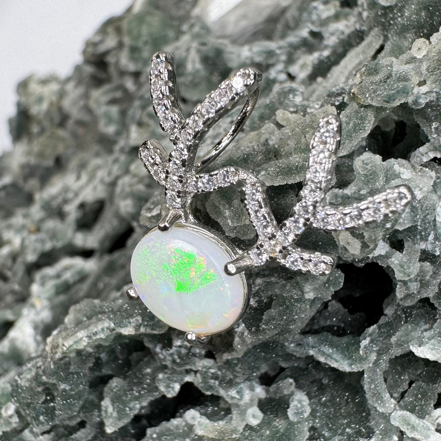 'Rainbow Reindeer' ~ Handcrafted 1ct Solid Coober Pedy Opal and Cubic Zirconia Sterling Silver Reindeer Pendant Necklace