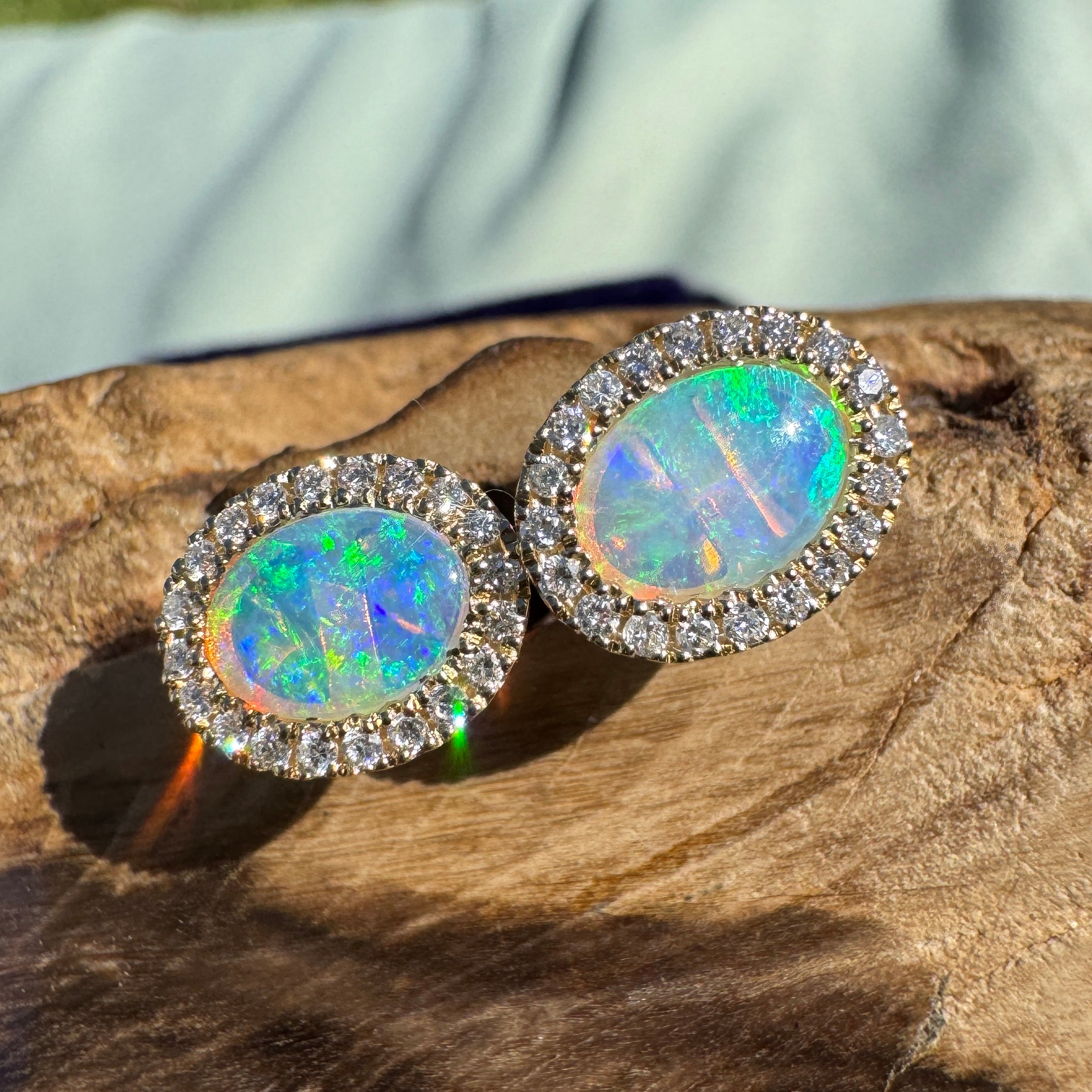 1ct Lightning Ridge Opal Stud Earrings ~ 'Jervis Bay Gleam' | 14ct Yellow Gold | Solid Australian Opal