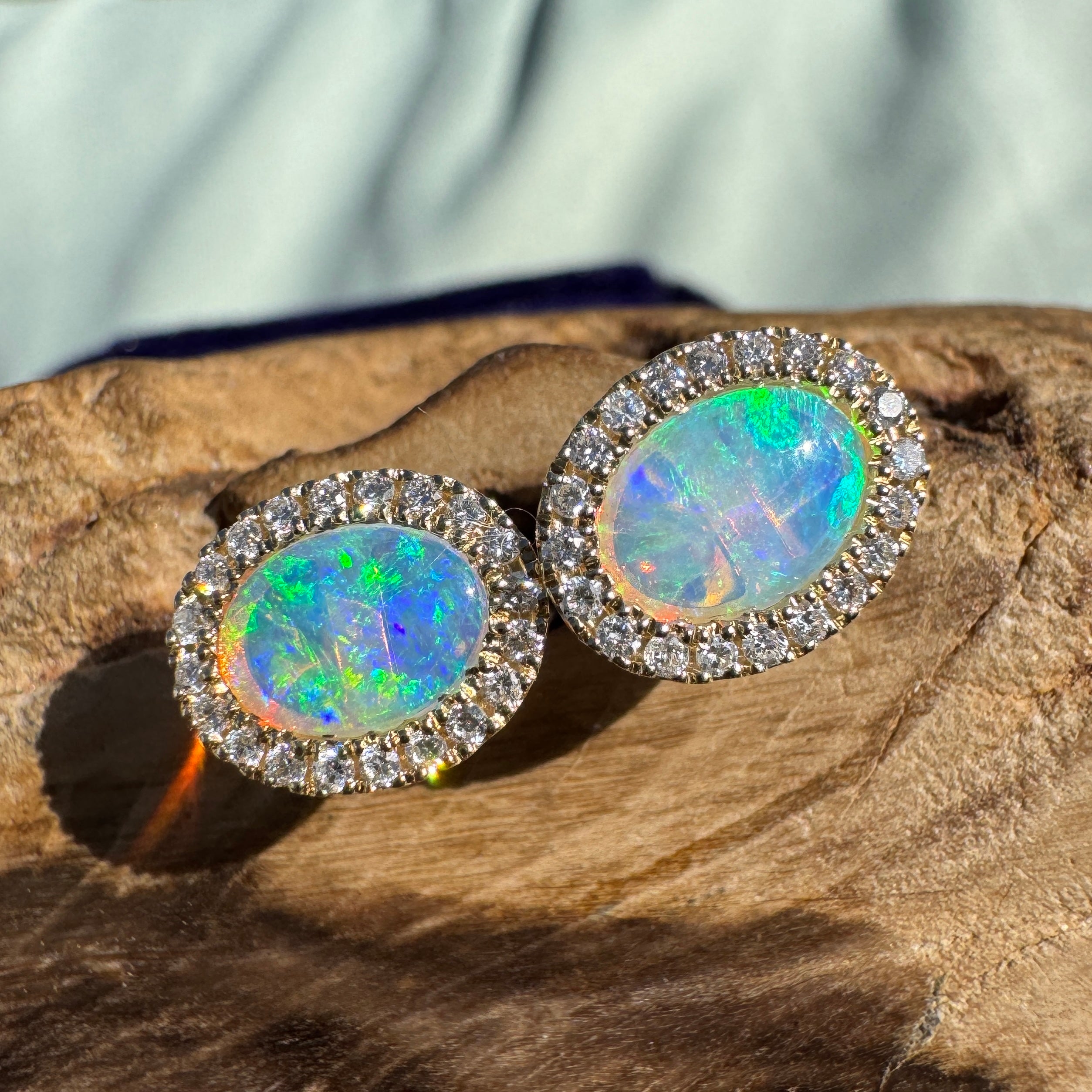 1ct Lightning Ridge Opal Stud Earrings ~ 'Jervis Bay Gleam' | 14ct Yellow Gold | Solid Australian Opal
