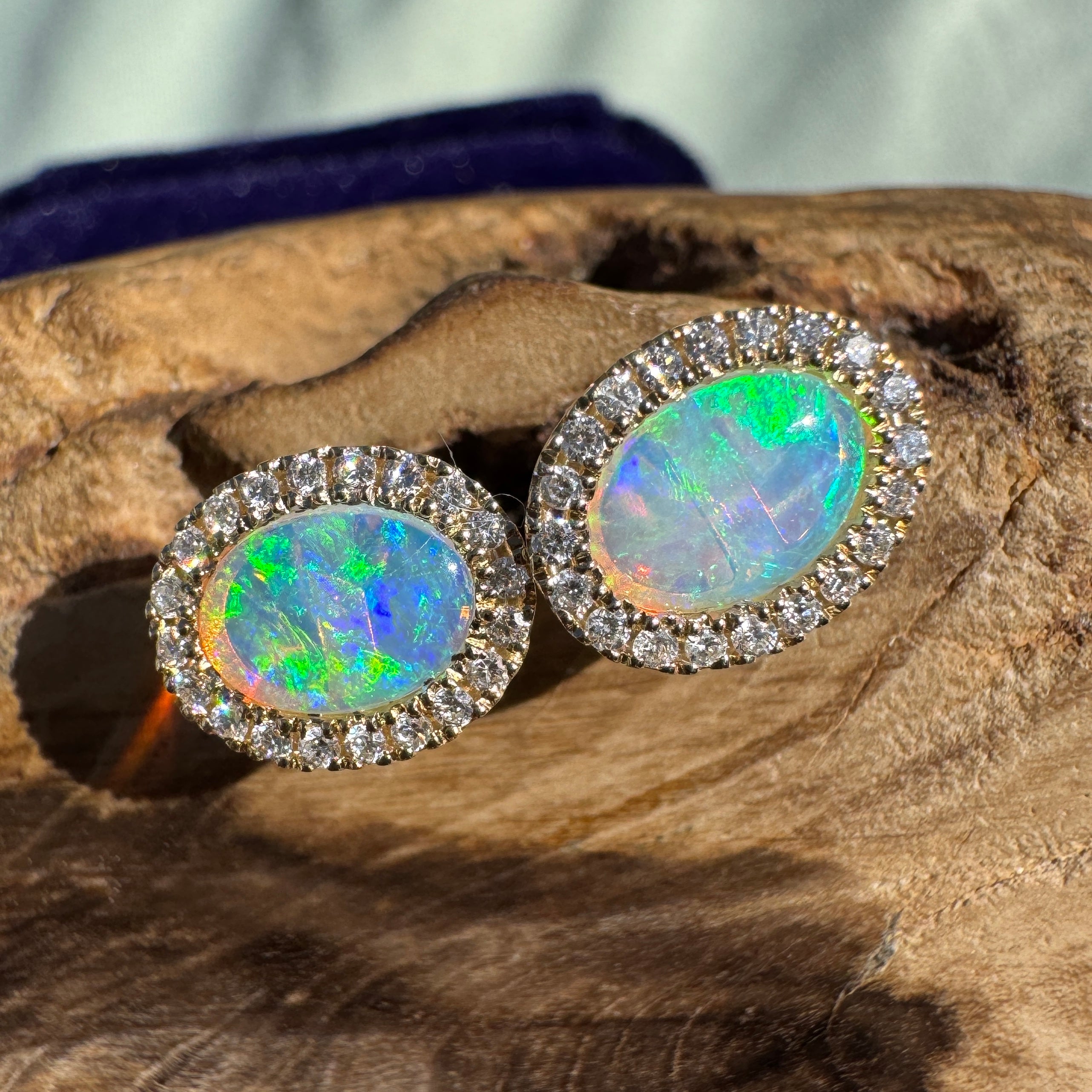 1ct Lightning Ridge Opal Stud Earrings ~ 'Jervis Bay Gleam' | 14ct Yellow Gold | Solid Australian Opal