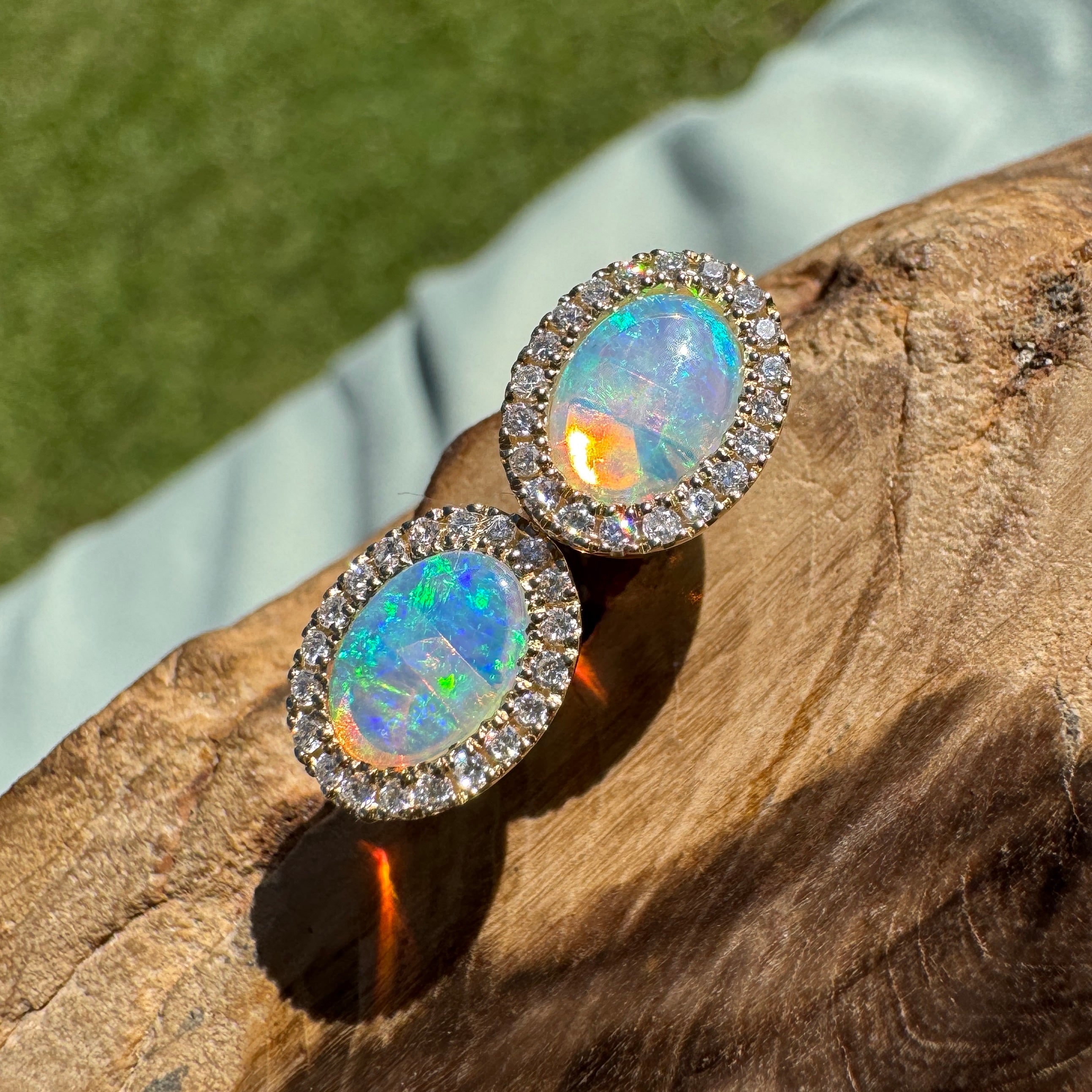 1ct Lightning Ridge Opal Stud Earrings ~ 'Jervis Bay Gleam' | 14ct Yellow Gold | Solid Australian Opal