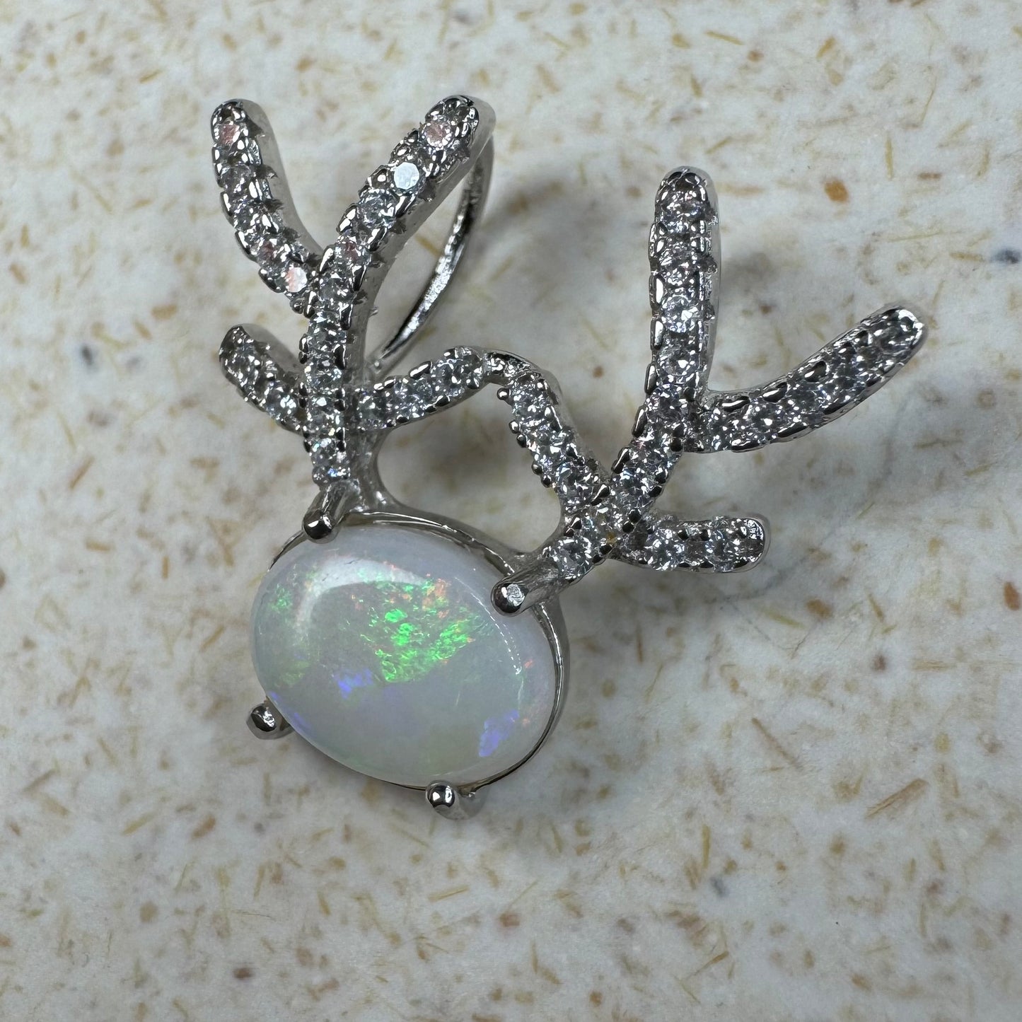 'Rainbow Reindeer' ~ Handcrafted 1ct Solid Coober Pedy Opal and Cubic Zirconia Sterling Silver Reindeer Pendant Necklace