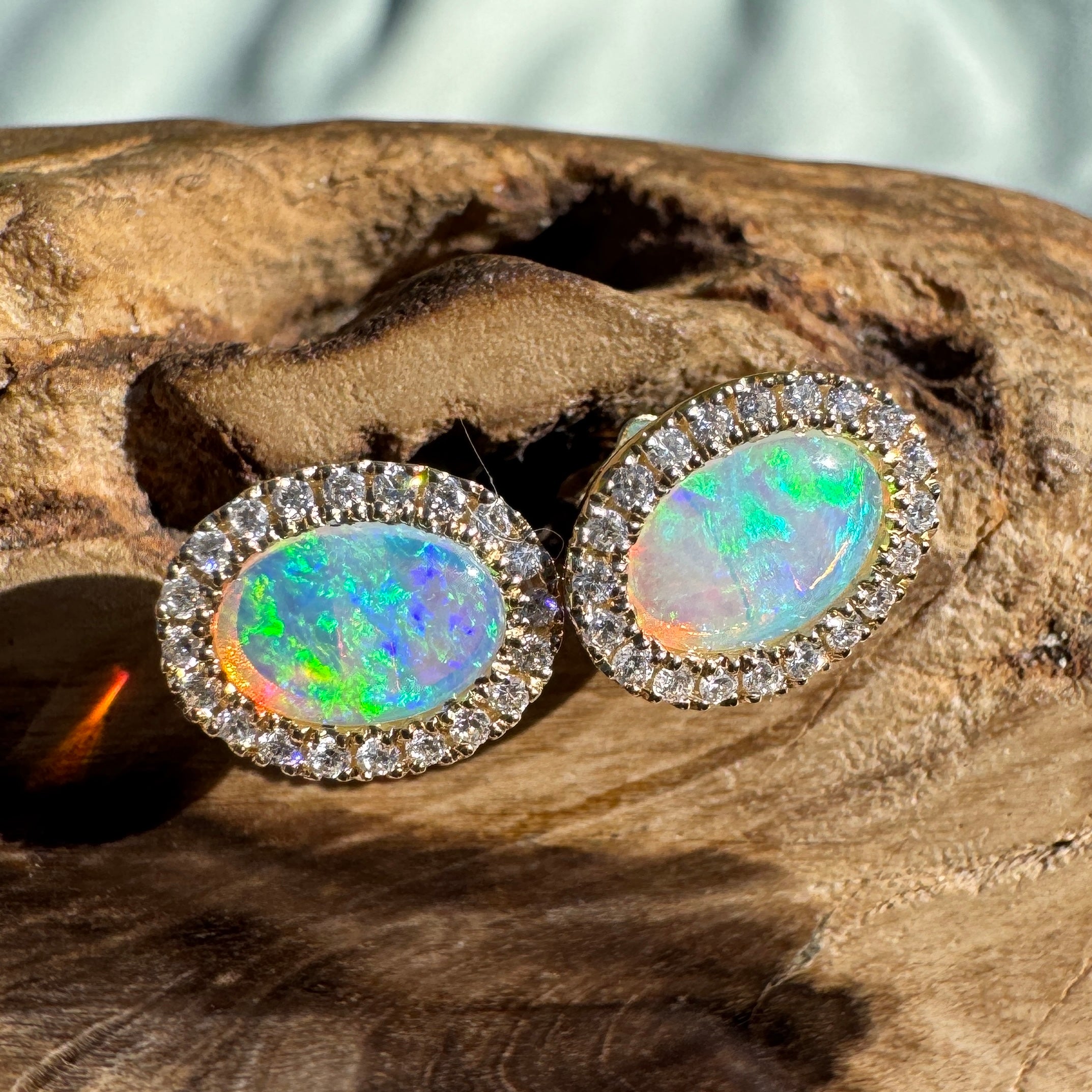 1ct Lightning Ridge Opal Stud Earrings ~ 'Jervis Bay Gleam' | 14ct Yellow Gold | Solid Australian Opal