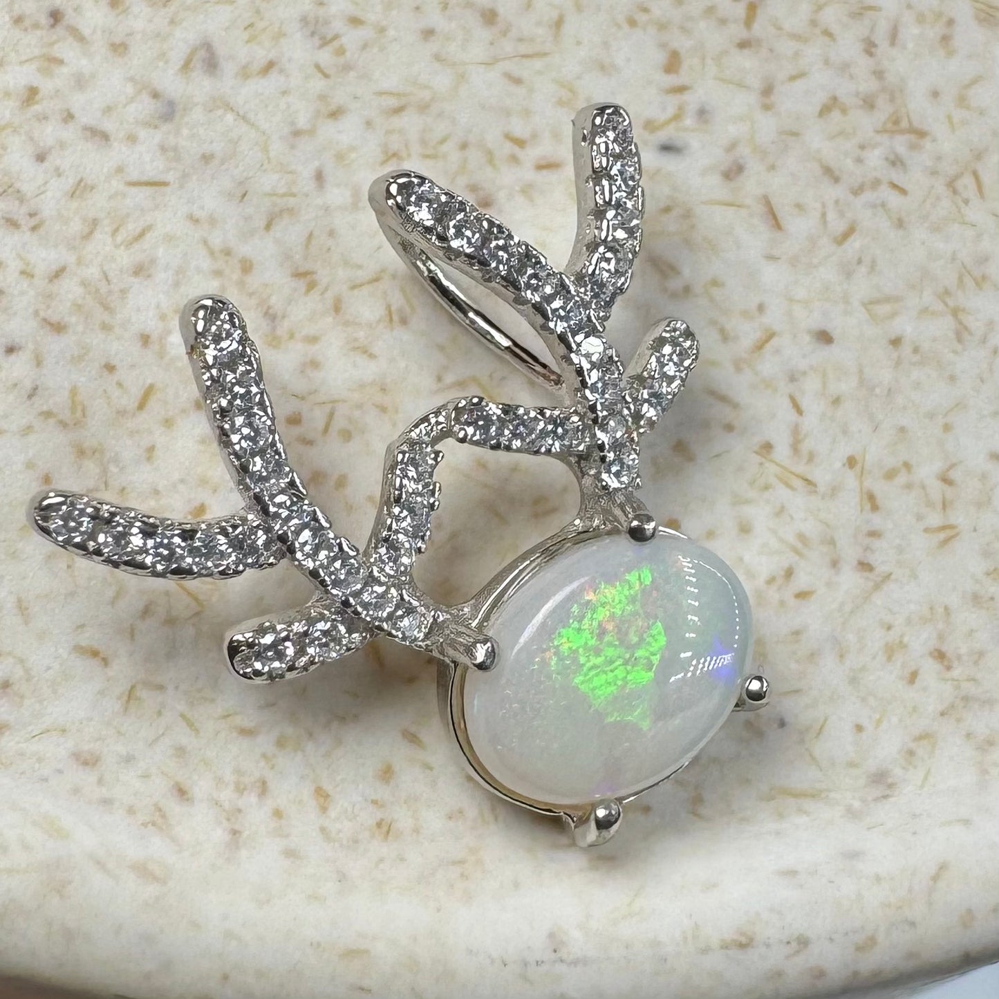 'Rainbow Reindeer' ~ Handcrafted 1ct Solid Coober Pedy Opal and Cubic Zirconia Sterling Silver Reindeer Pendant Necklace