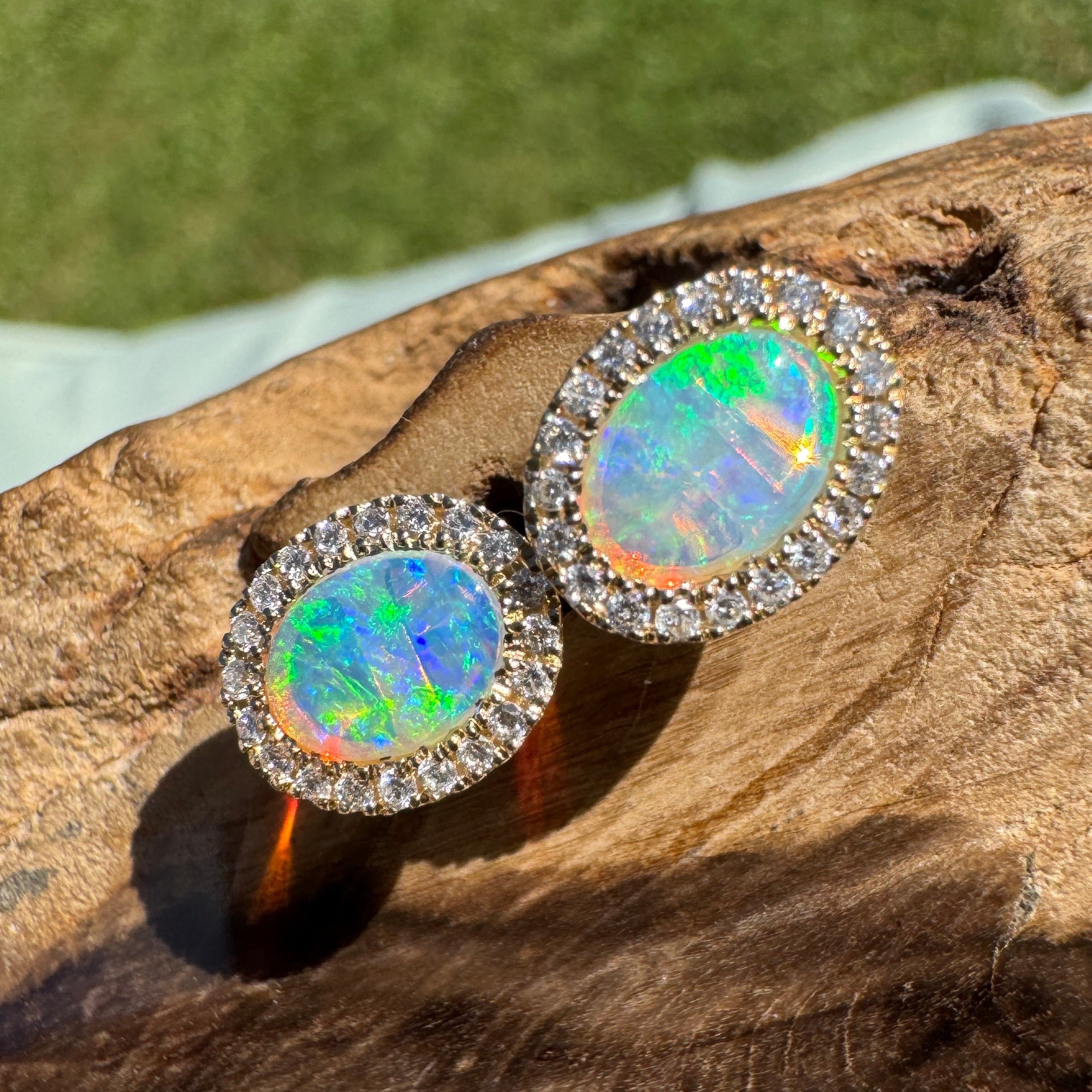 1ct Lightning Ridge Opal Stud Earrings ~ 'Jervis Bay Gleam' | 14ct Yellow Gold | Solid Australian Opal