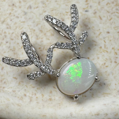 'Rainbow Reindeer' ~ Handcrafted 1ct Solid Coober Pedy Opal and Cubic Zirconia Sterling Silver Reindeer Pendant Necklace