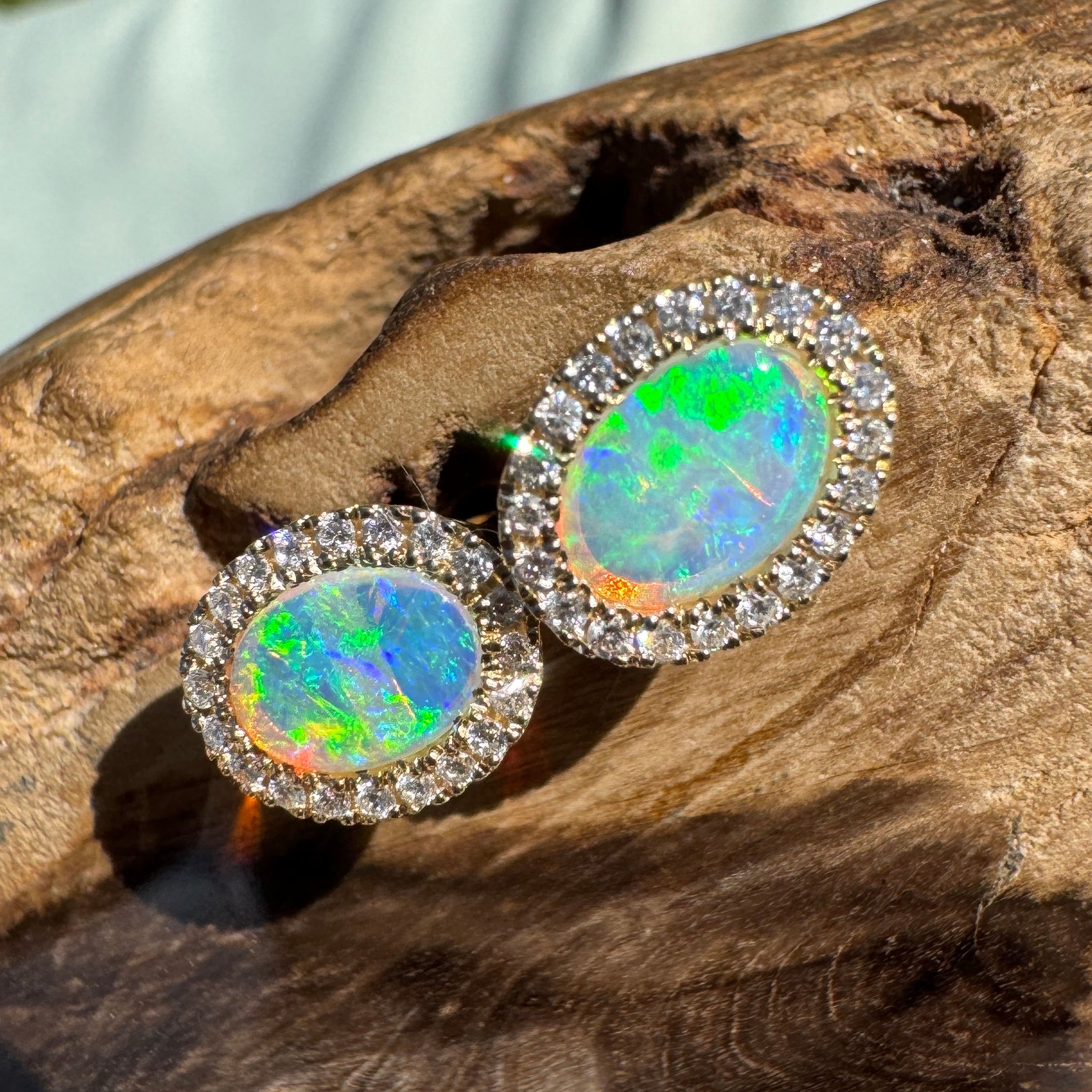 1ct Lightning Ridge Opal Stud Earrings ~ 'Jervis Bay Gleam' | 14ct Yellow Gold | Solid Australian Opal
