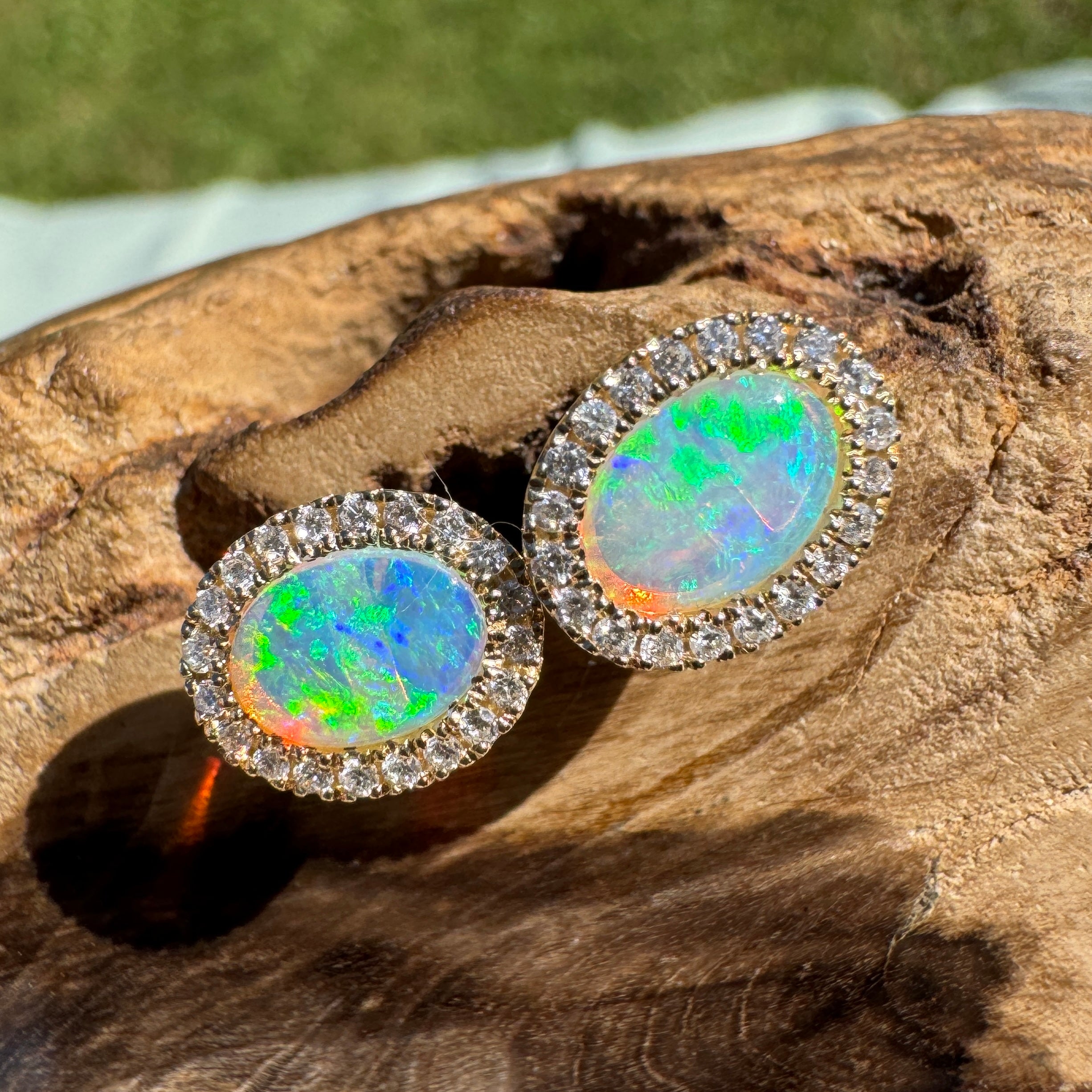 1ct Lightning Ridge Opal Stud Earrings ~ 'Jervis Bay Gleam' | 14ct Yellow Gold | Solid Australian Opal