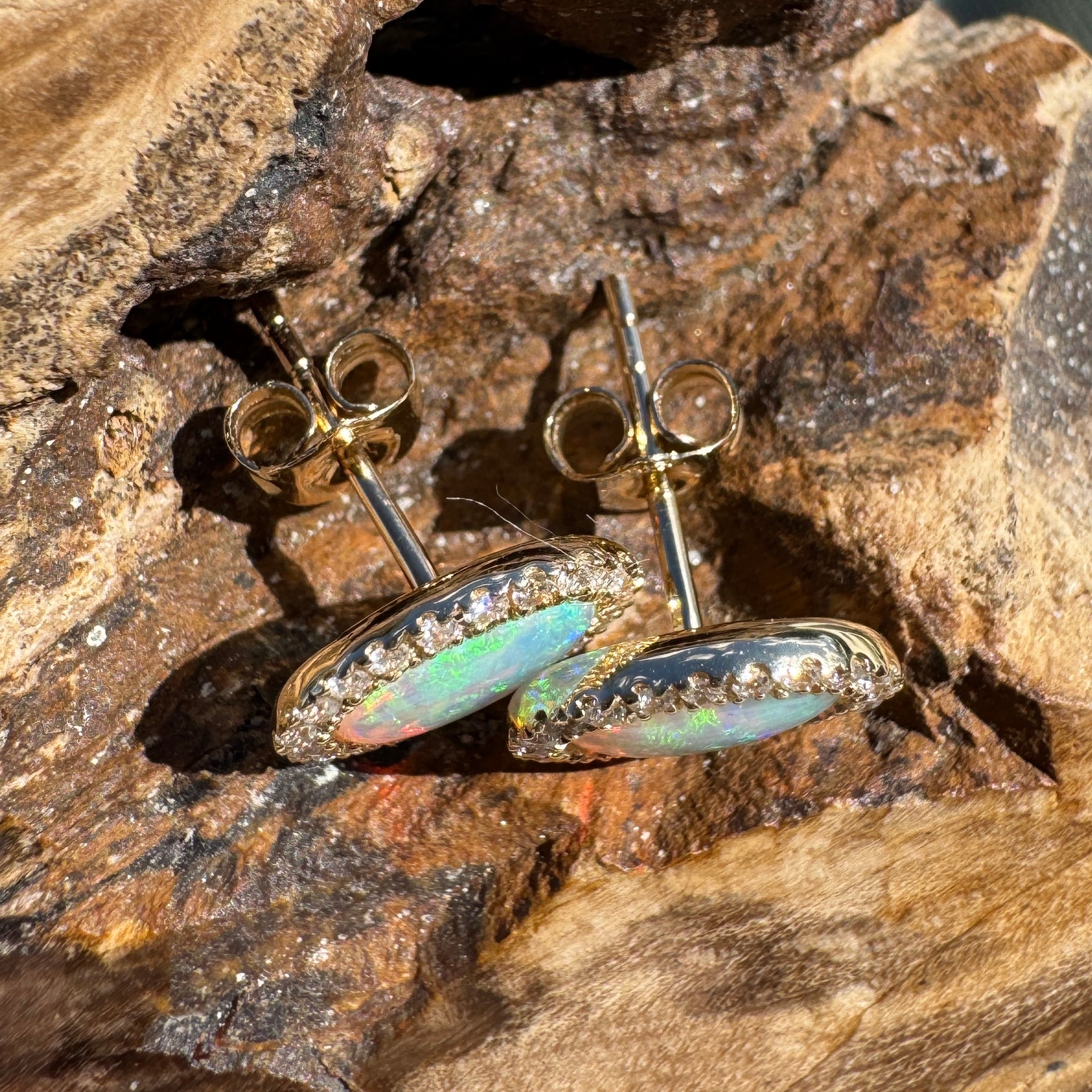 1ct Lightning Ridge Opal Stud Earrings ~ 'Jervis Bay Gleam' | 14ct Yellow Gold | Solid Australian Opal