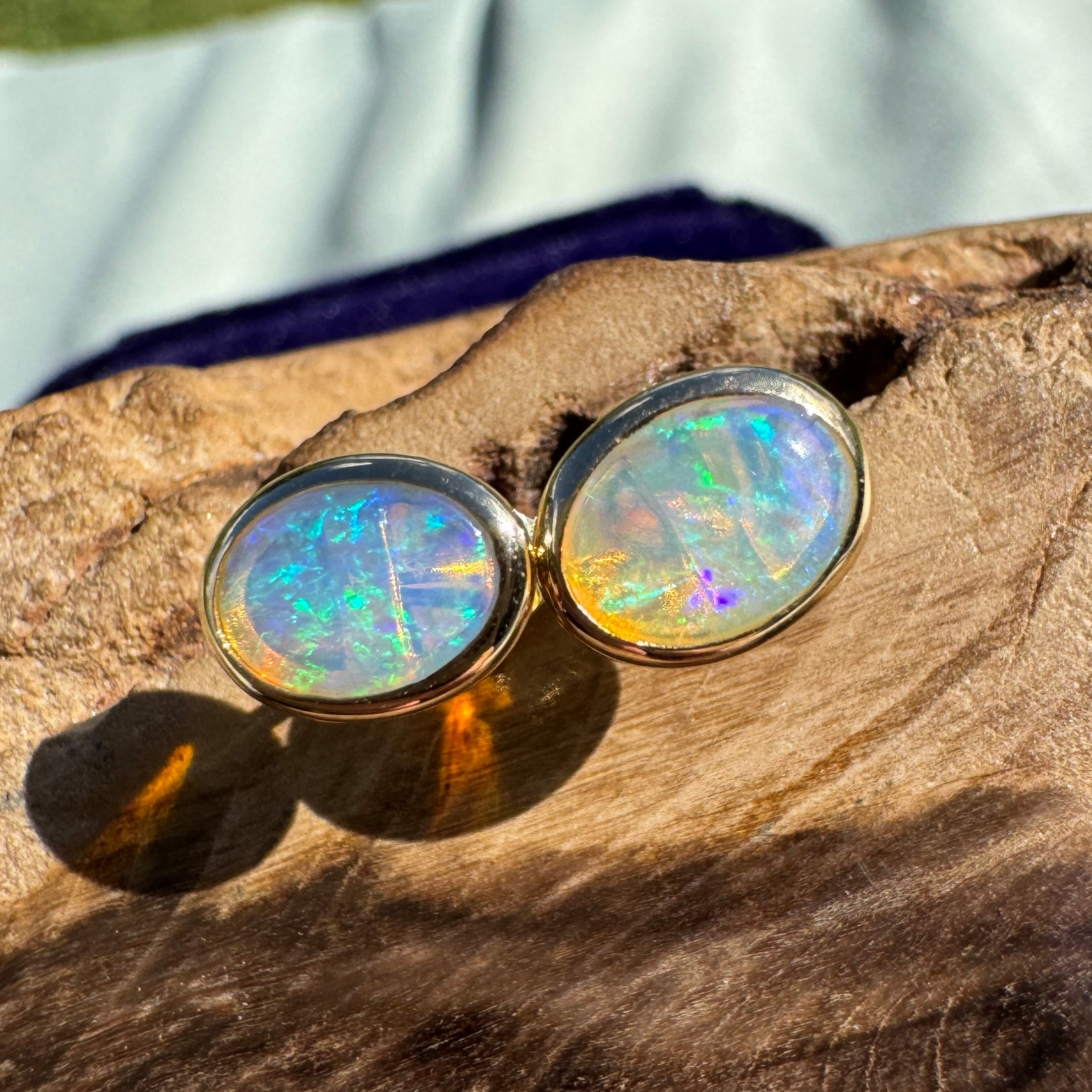 1ct Lightning Ridge Opal Stud Earrings ~ 'Freycinet Light' | 14ct Yellow Gold | Solid Australian Opal