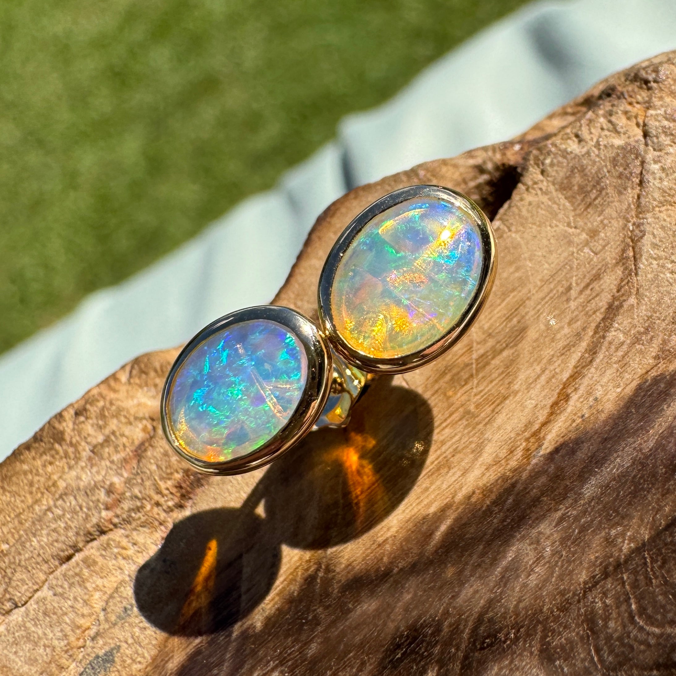 1ct Lightning Ridge Opal Stud Earrings ~ 'Freycinet Light' | 14ct Yellow Gold | Solid Australian Opal