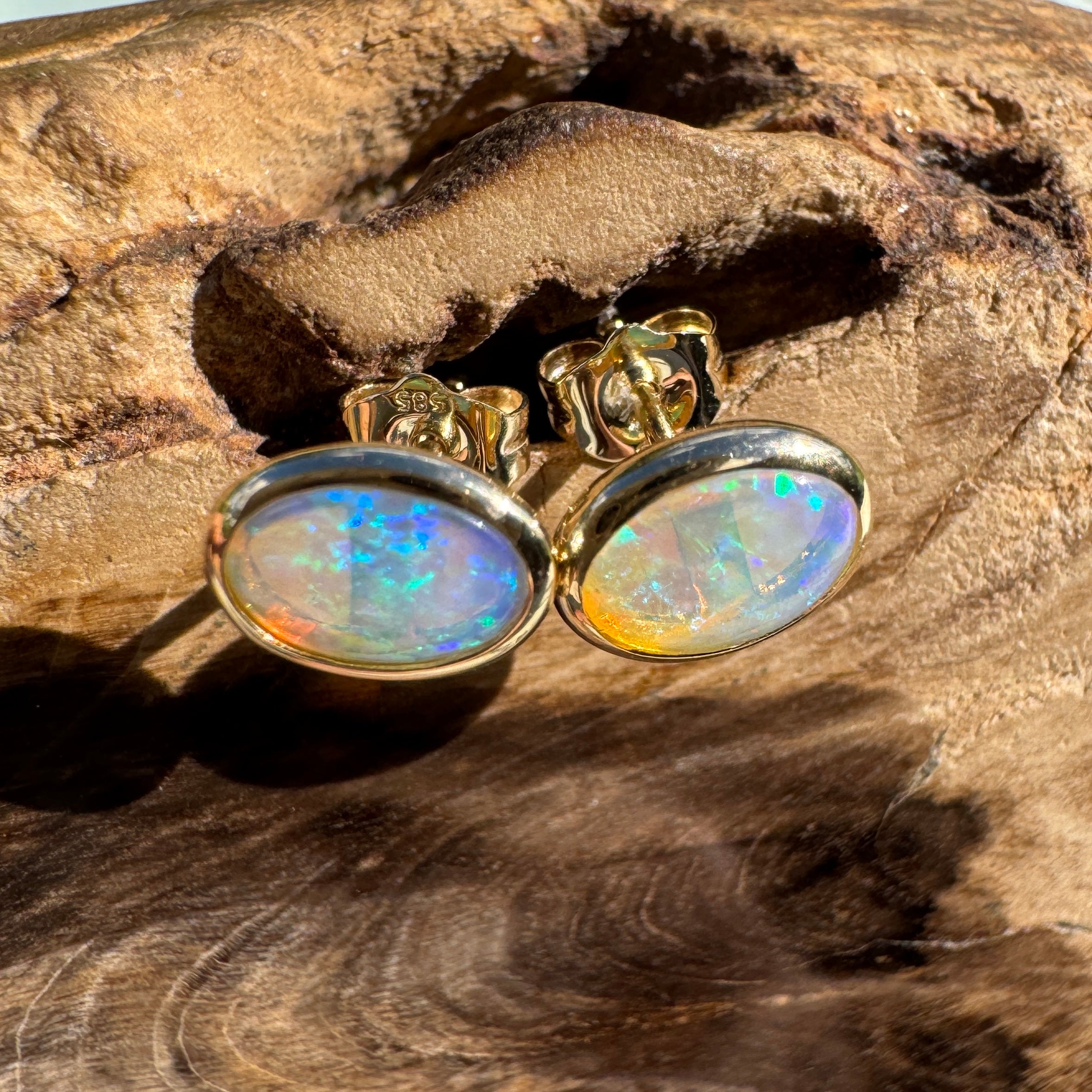 1ct Lightning Ridge Opal Stud Earrings ~ 'Freycinet Light' | 14ct Yellow Gold | Solid Australian Opal
