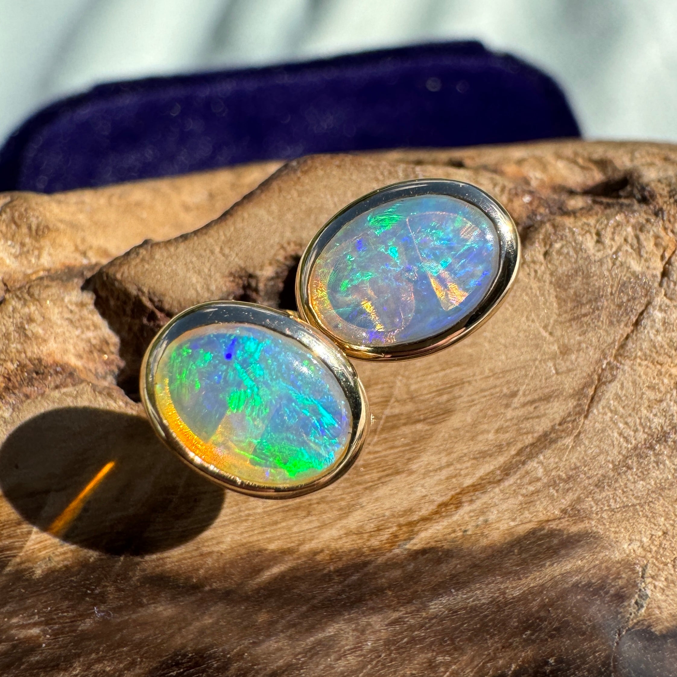 1ct Lightning Ridge Opal Stud Earrings ~ 'Freycinet Light' | 14ct Yellow Gold | Solid Australian Opal