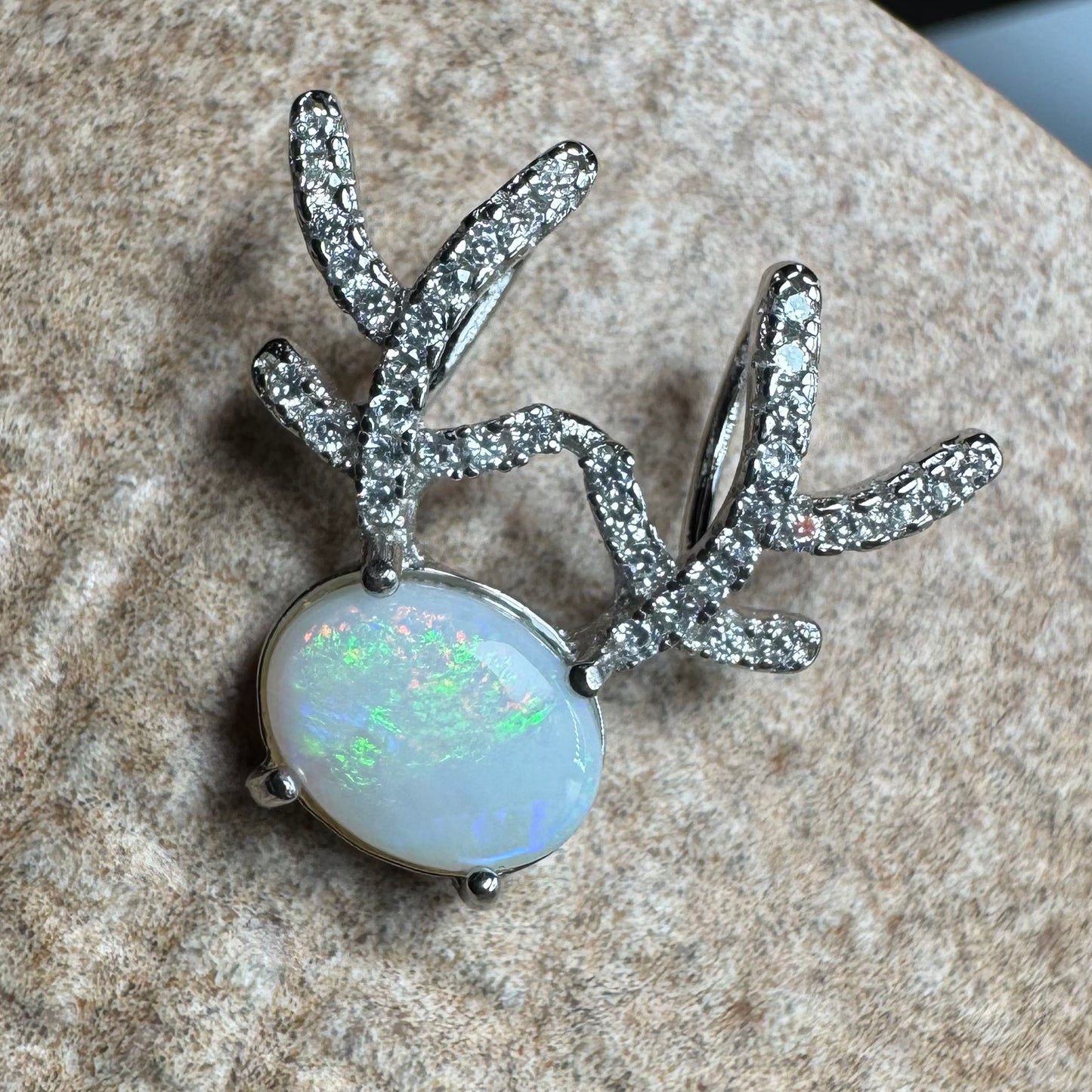 'Rainbow Reindeer' ~ Handcrafted 1ct Solid Coober Pedy Opal and Cubic Zirconia Sterling Silver Reindeer Pendant Necklace