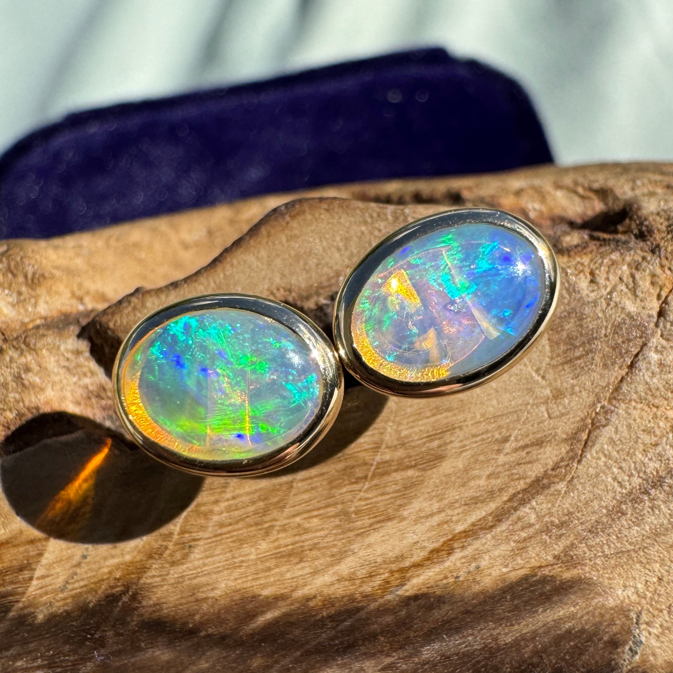1ct Lightning Ridge Opal Stud Earrings ~ 'Freycinet Light' | 14ct Yellow Gold | Solid Australian Opal