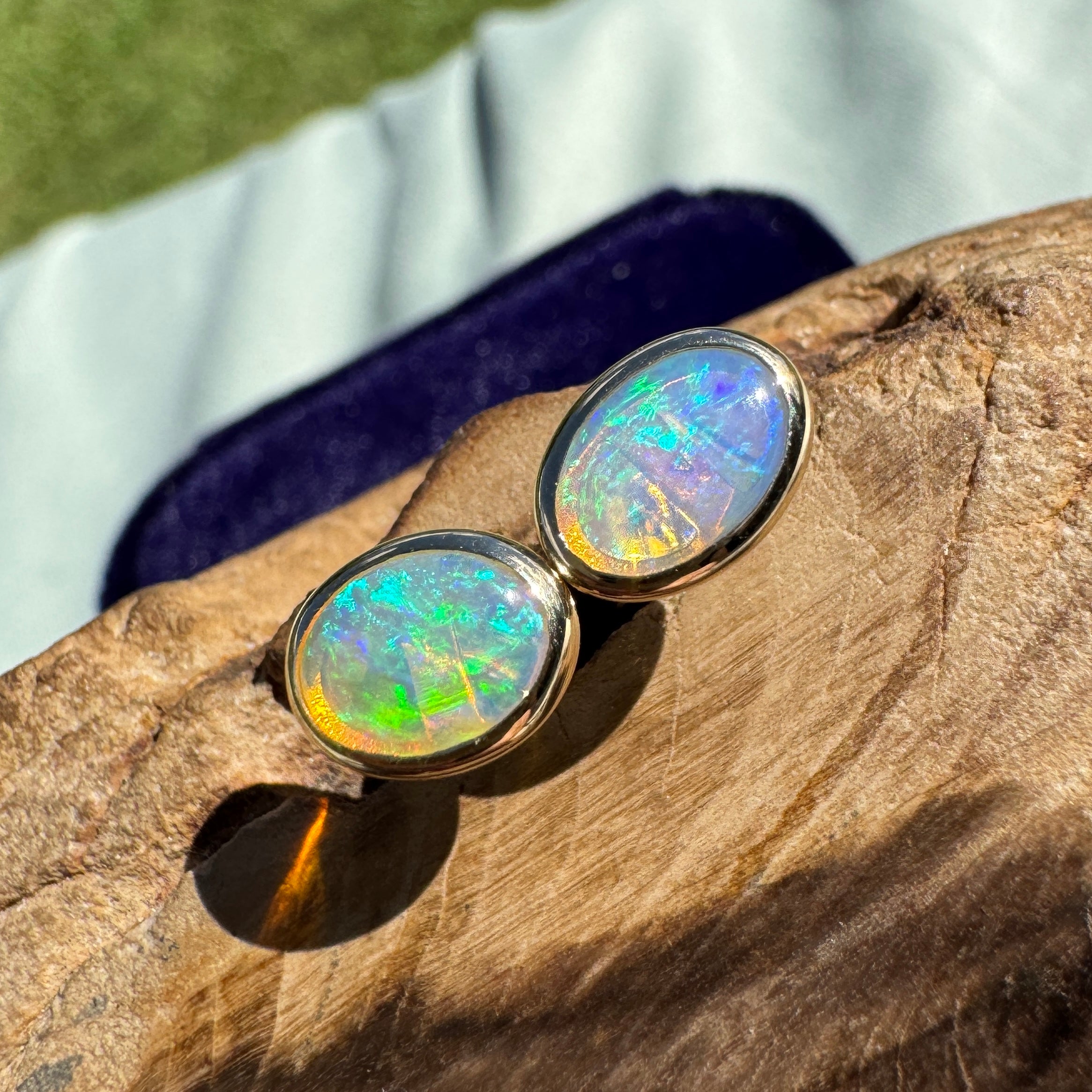 1ct Lightning Ridge Opal Stud Earrings ~ 'Freycinet Light' | 14ct Yellow Gold | Solid Australian Opal