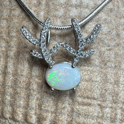 'Rainbow Reindeer' ~ Handcrafted 1ct Solid Coober Pedy Opal and Cubic Zirconia Sterling Silver Reindeer Pendant Necklace