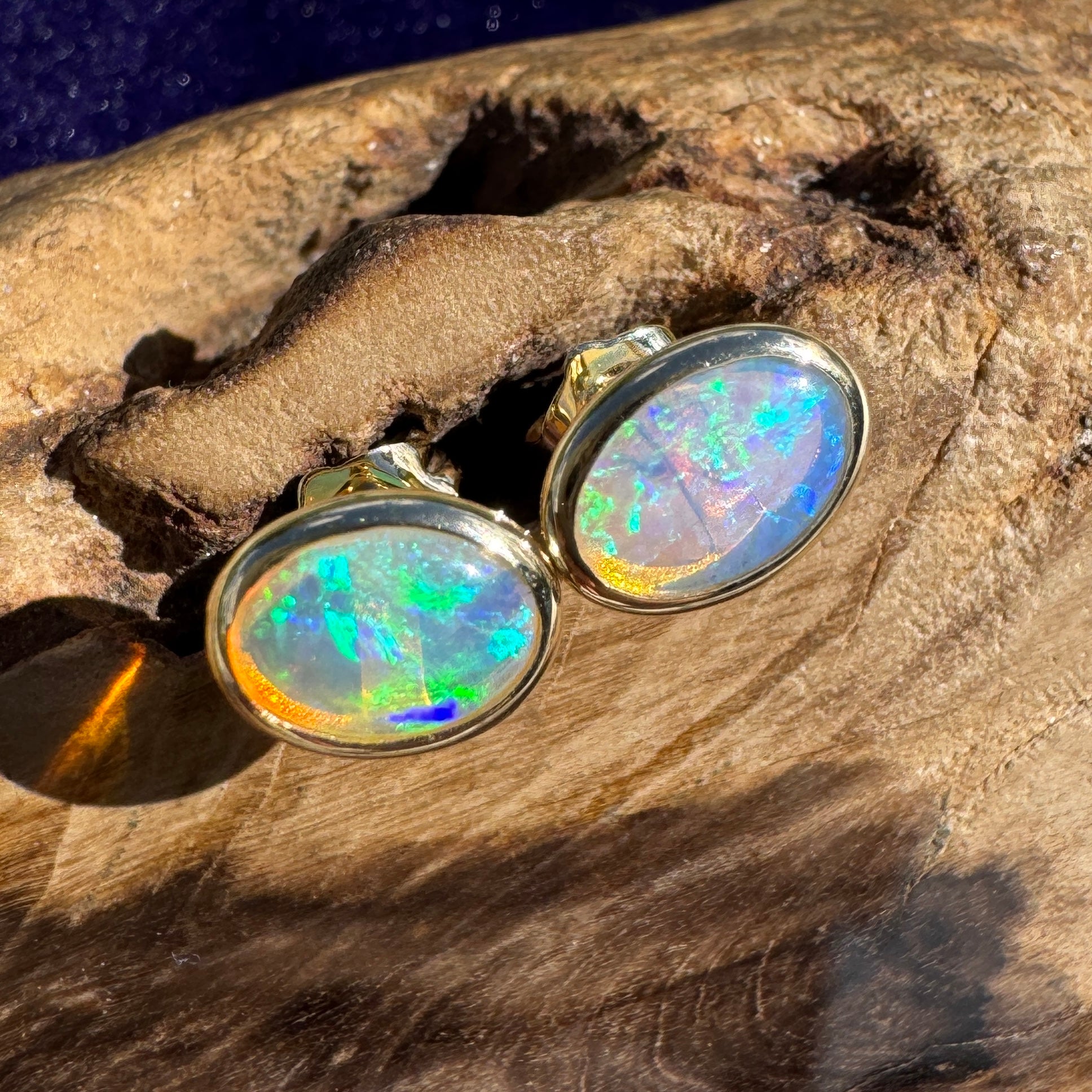 1ct Lightning Ridge Opal Stud Earrings ~ 'Freycinet Light' | 14ct Yellow Gold | Solid Australian Opal