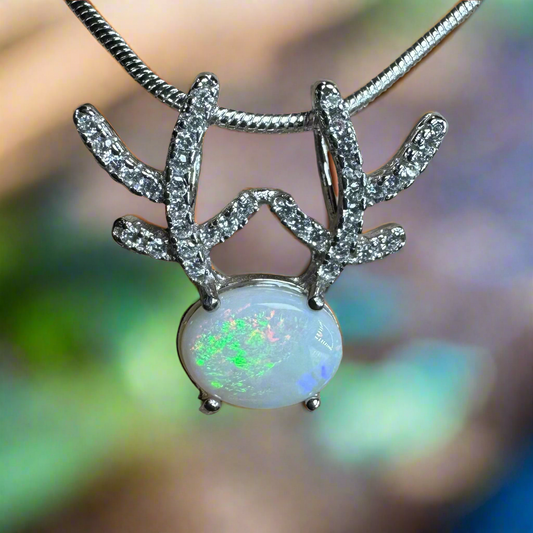 'Rainbow Reindeer' ~ Handcrafted 1ct Solid Coober Pedy Opal and Cubic Zirconia Sterling Silver Reindeer Pendant Necklace