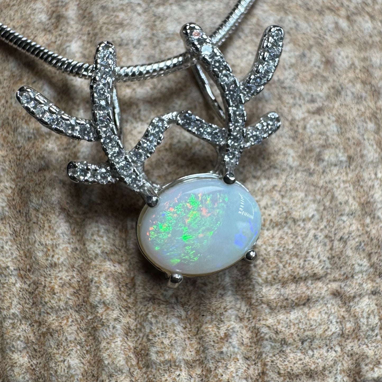 'Rainbow Reindeer' ~ Handcrafted 1ct Solid Coober Pedy Opal and Cubic Zirconia Sterling Silver Reindeer Pendant Necklace