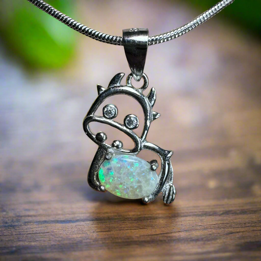 'Pastoral Charm' ~ Handcrafted 0.4ct Solid Lightning Ridge Opal and Cubic Zirconia Sterling Silver Cow Pendant