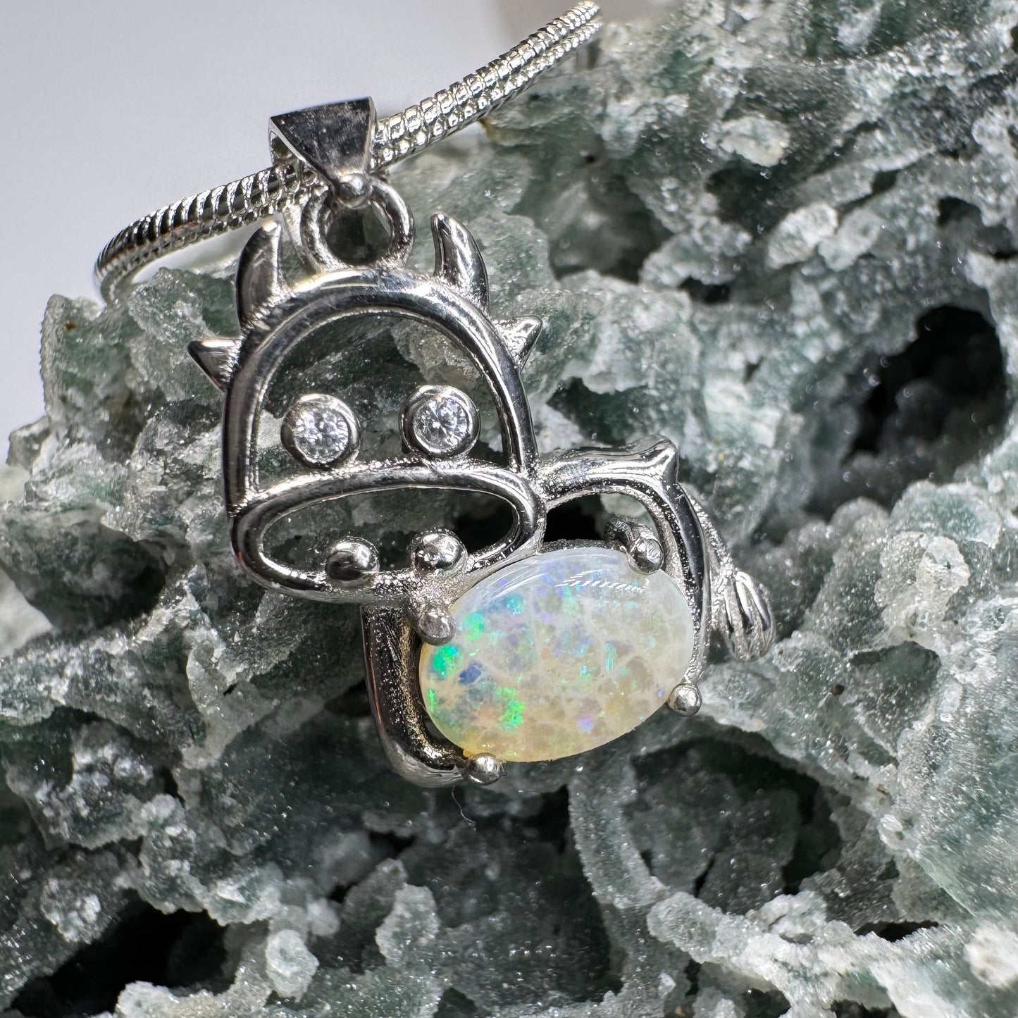 'Pastoral Charm' ~ Handcrafted 0.4ct Solid Lightning Ridge Opal and Cubic Zirconia Sterling Silver Cow Pendant