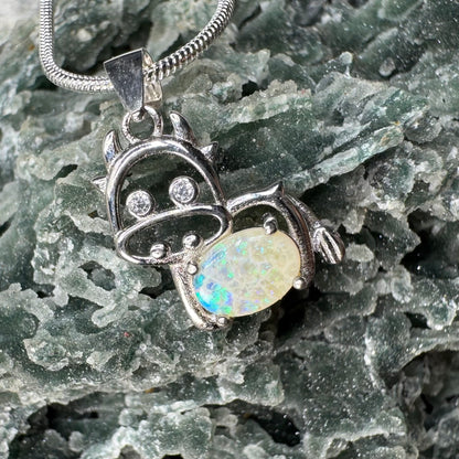 'Pastoral Charm' ~ Handcrafted 0.4ct Solid Lightning Ridge Opal and Cubic Zirconia Sterling Silver Cow Pendant