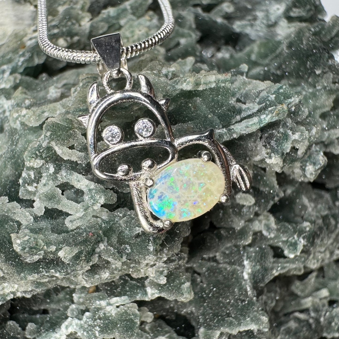 'Pastoral Charm' ~ Handcrafted 0.4ct Solid Lightning Ridge Opal and Cubic Zirconia Sterling Silver Cow Pendant