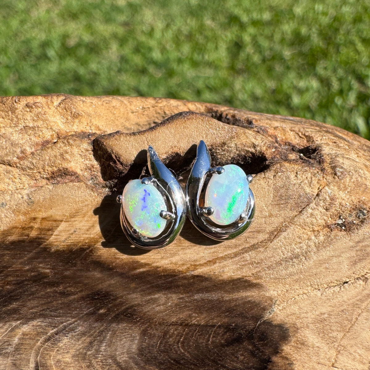0.9ct Coober Pedy Opal Stud Earrings ~ 'Agnes Water Blues' | 925 Sterling Silver | Solid Australian Opal