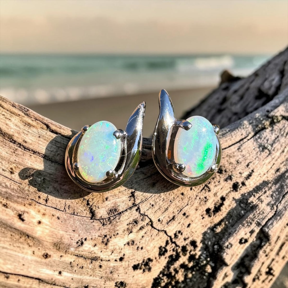 0.9ct Coober Pedy Opal Stud Earrings ~ 'Agnes Water Blues' | 925 Sterling Silver | Solid Australian Opal