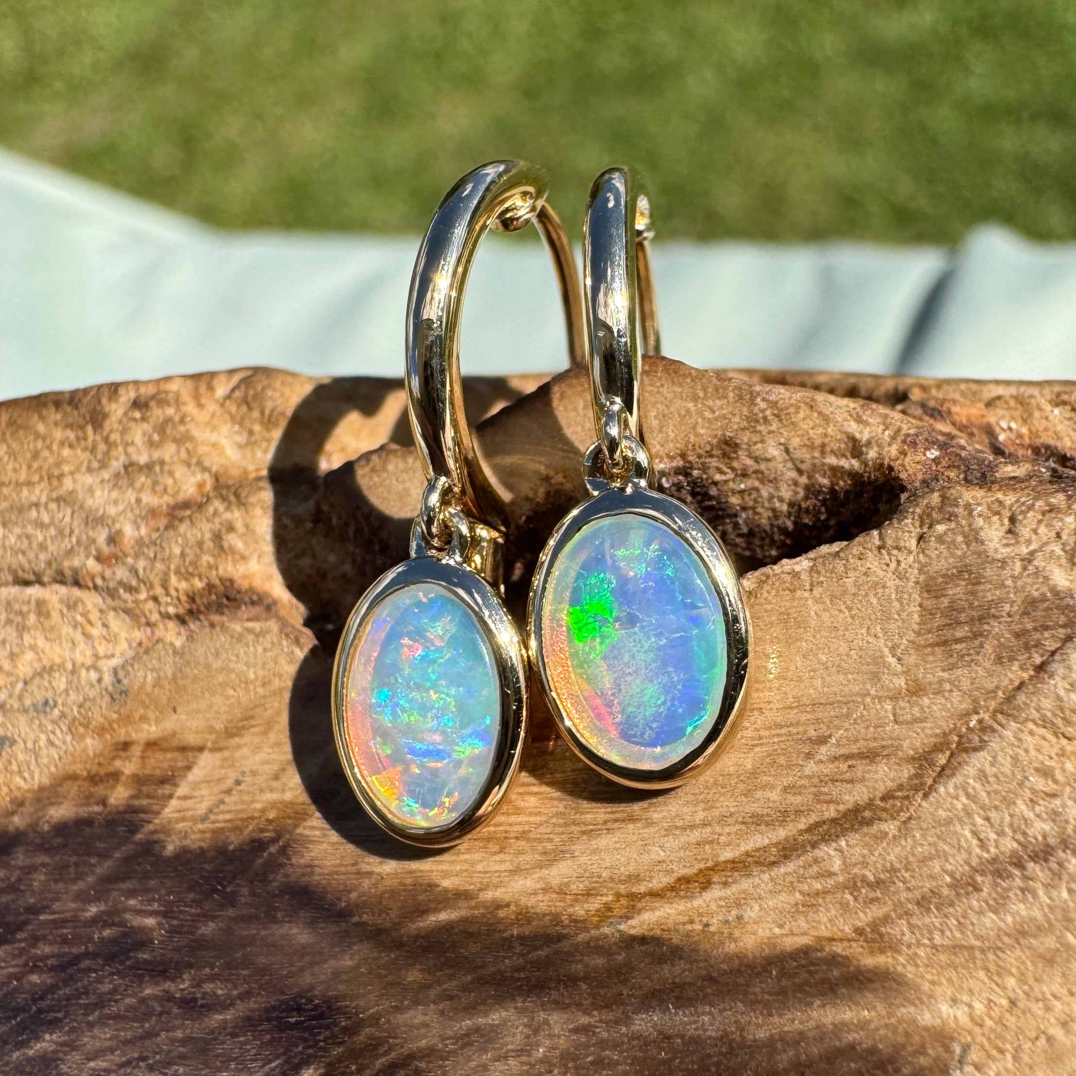 1ct Lightning Ridge Opal Stud Drop Earrings ~ 'Turquoise Bay Drop' | 14ct Yellow Gold | Solid Australian Opal