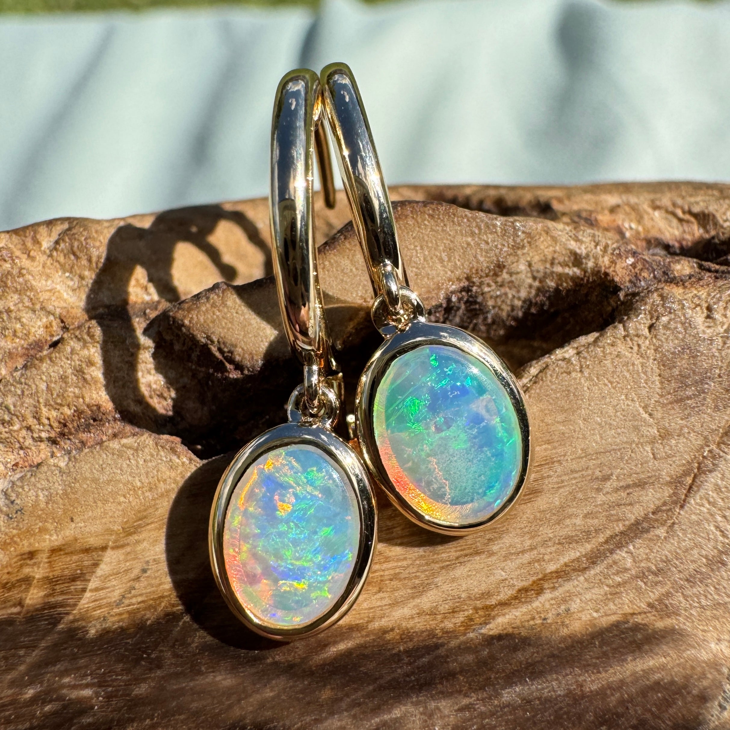 1ct Lightning Ridge Opal Stud Drop Earrings ~ 'Turquoise Bay Drop' | 14ct Yellow Gold | Solid Australian Opal