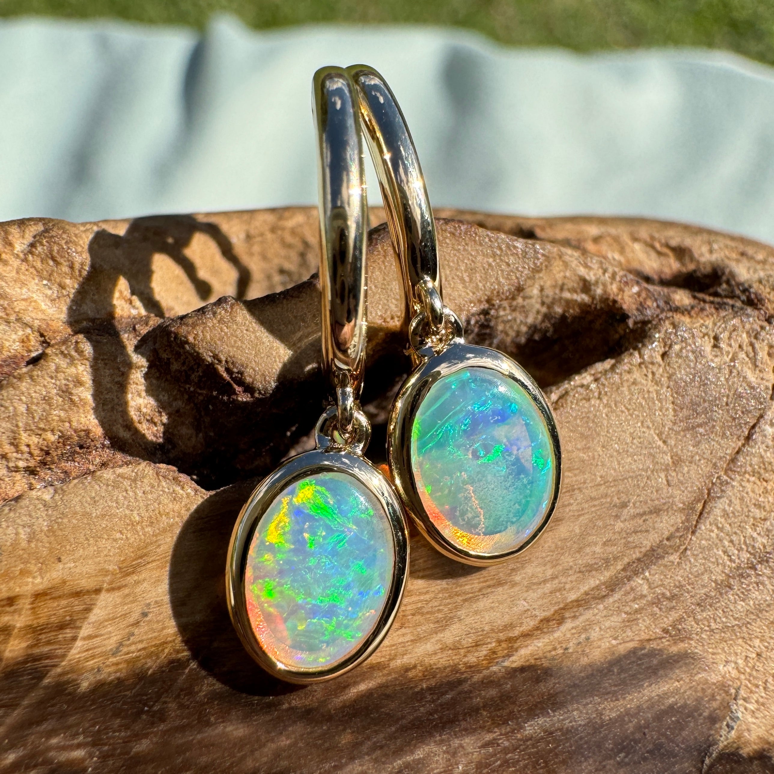 1ct Lightning Ridge Opal Stud Drop Earrings ~ 'Turquoise Bay Drop' | 14ct Yellow Gold | Solid Australian Opal